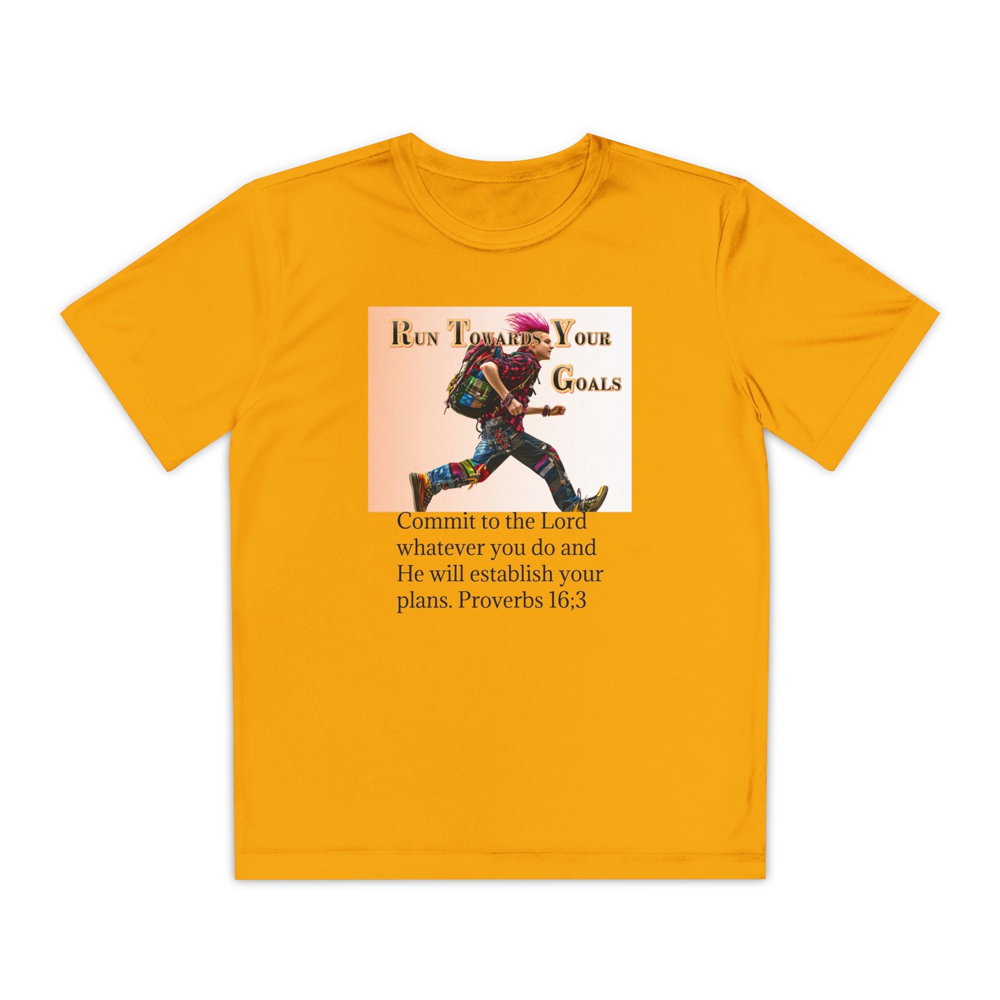 Youth Competitor Tee - 'Run Towards Your Goals' Inspirational Christian Kids Shirt (Proverbs 16:3, Never Give Up)
