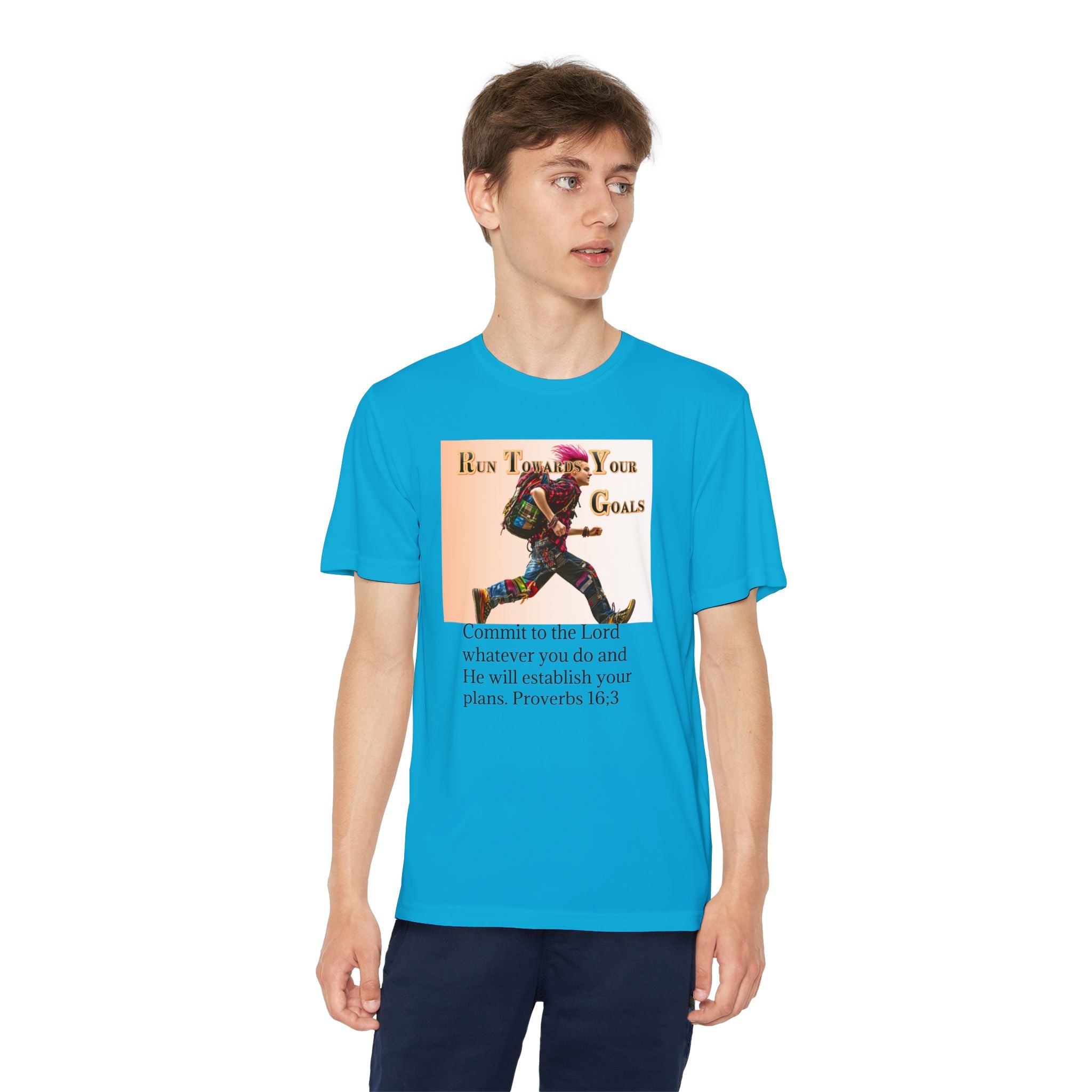 Youth Competitor Tee - 'Run Towards Your Goals' Inspirational Christian Kids Shirt (Proverbs 16:3, Never Give Up)