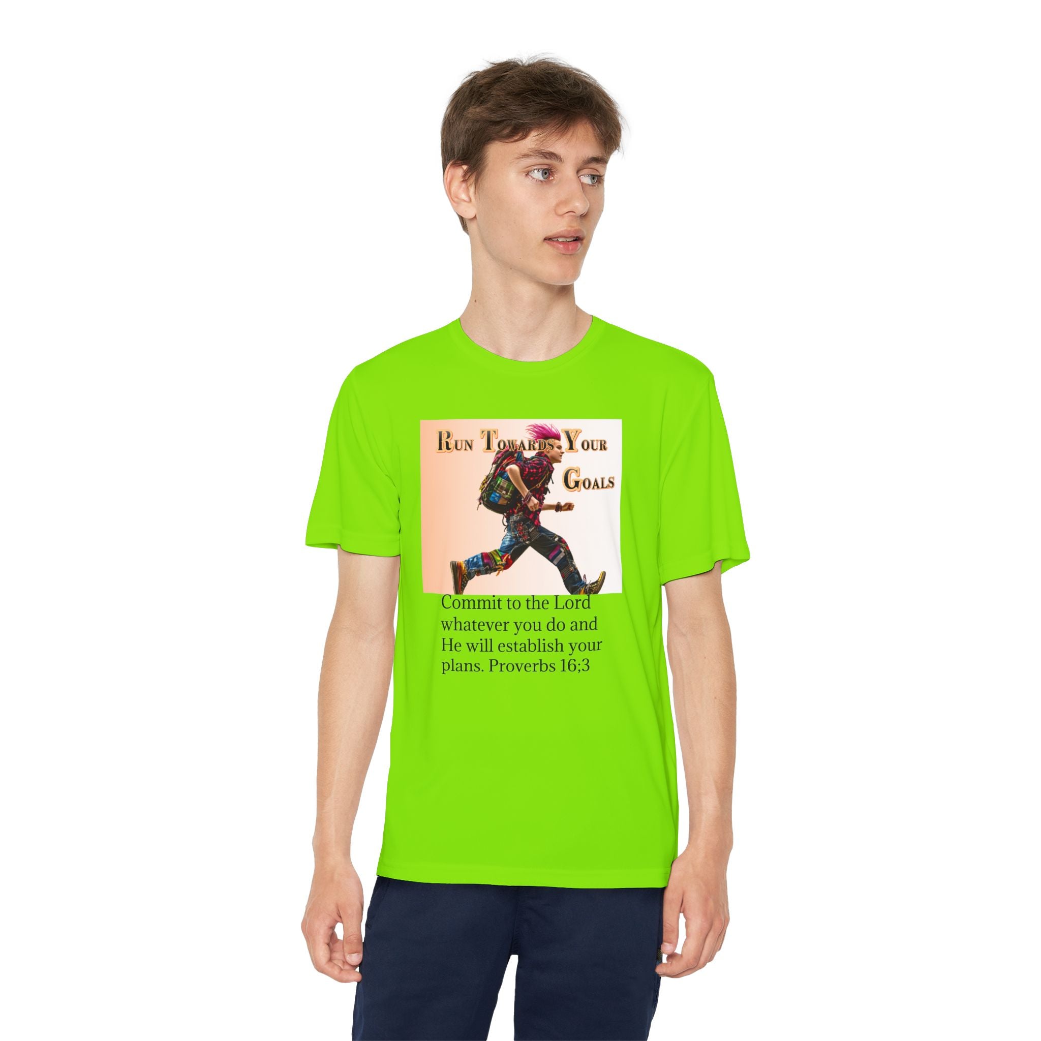 Youth Competitor Tee - 'Run Towards Your Goals' Inspirational Christian Kids Shirt (Proverbs 16:3, Never Give Up)