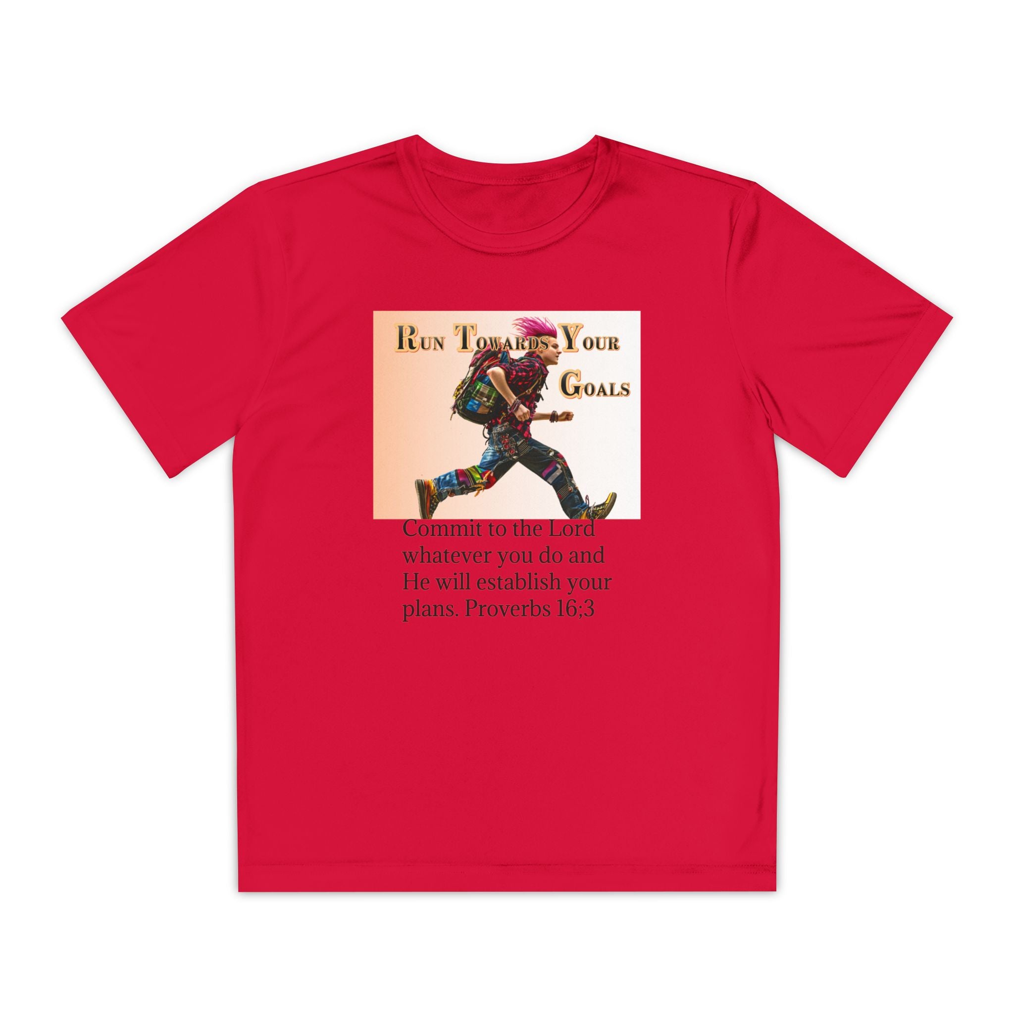 Youth Competitor Tee - 'Run Towards Your Goals' Inspirational Christian Kids Shirt (Proverbs 16:3, Never Give Up)