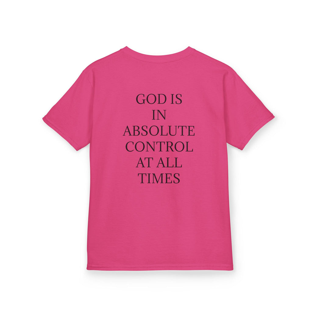 QUIET CONFIDENCE NEVER TOO SOON; Kids Tee — "I Praise You, Lord" Cute Black Girl Prayer Design | Back: God Is In Absolute Control