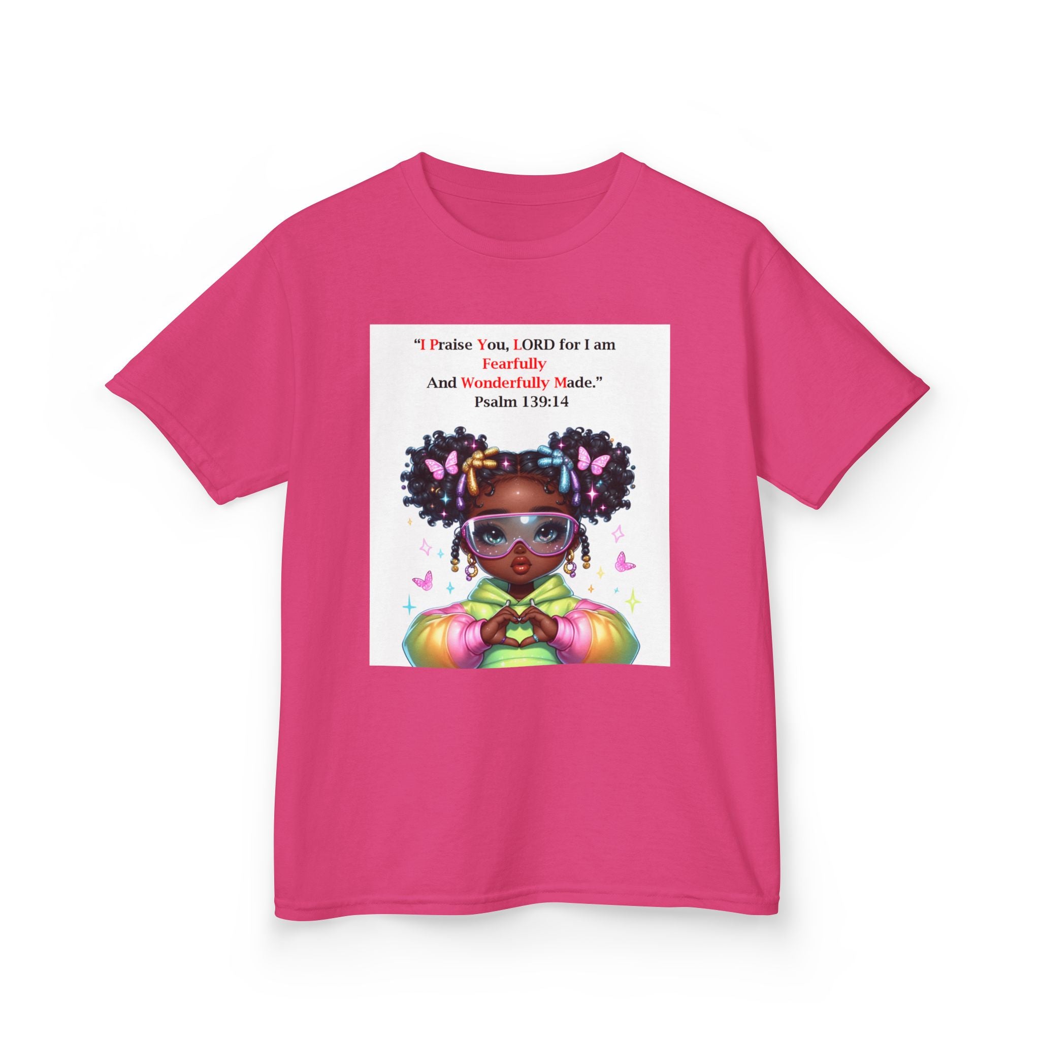 QUIET CONFIDENCE NEVER TOO SOON; Kids Tee — "I Praise You, Lord" Cute Black Girl Prayer Design | Back: God Is In Absolute Control