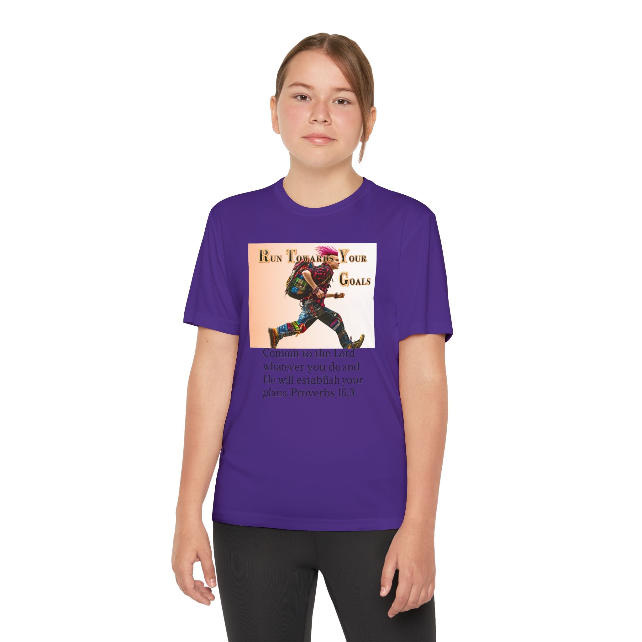Youth Competitor Tee - 'Run Towards Your Goals' Inspirational Christian Kids Shirt (Proverbs 16:3, Never Give Up)