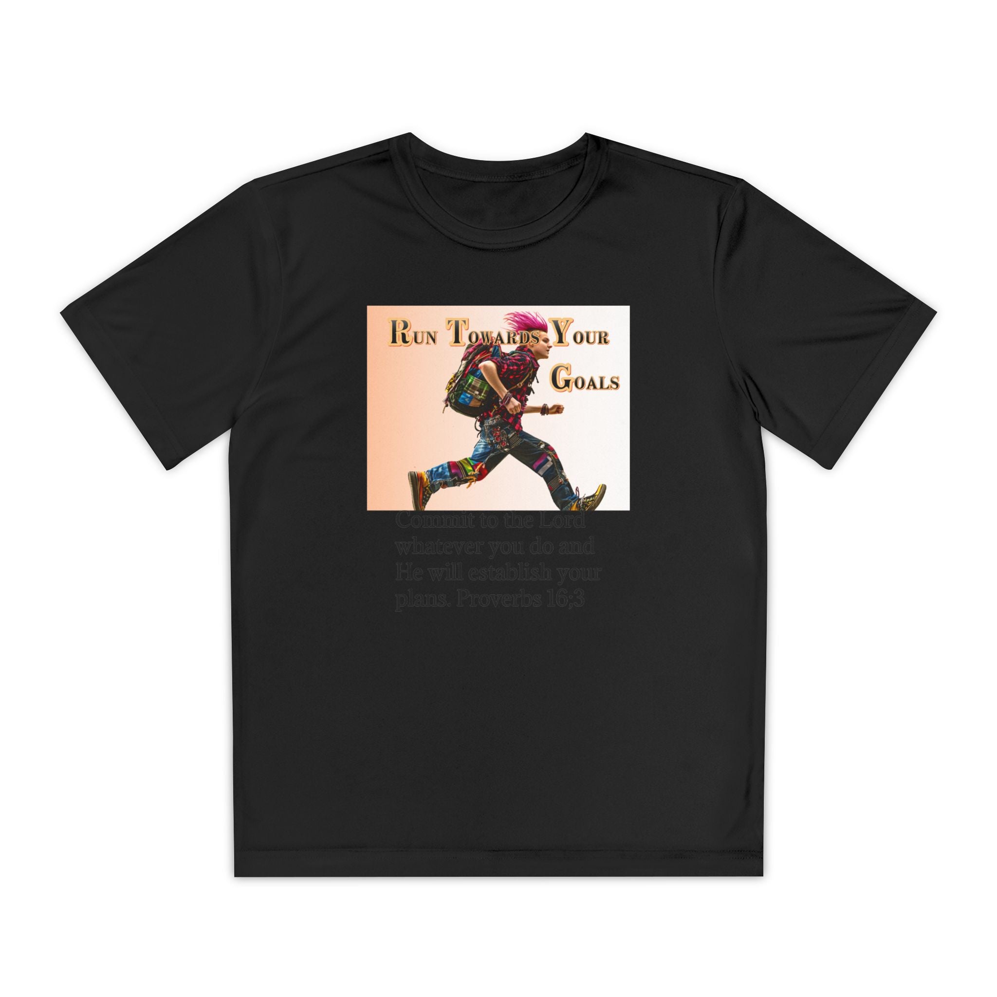 Youth Competitor Tee - 'Run Towards Your Goals' Inspirational Christian Kids Shirt (Proverbs 16:3, Never Give Up)