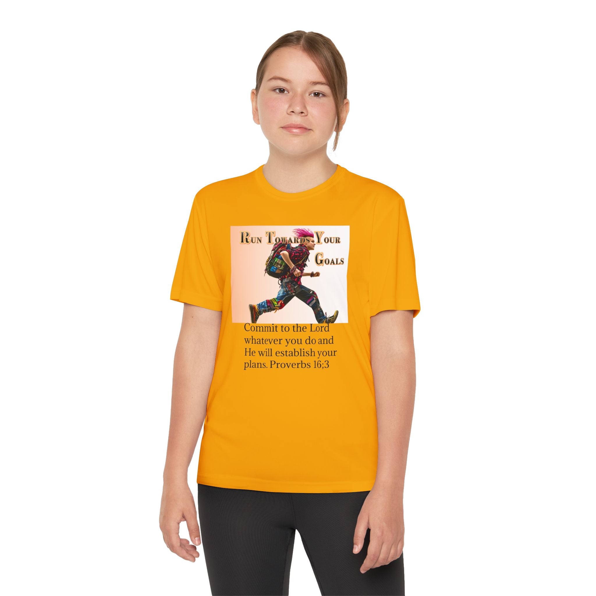 Youth Competitor Tee - 'Run Towards Your Goals' Inspirational Christian Kids Shirt (Proverbs 16:3, Never Give Up)
