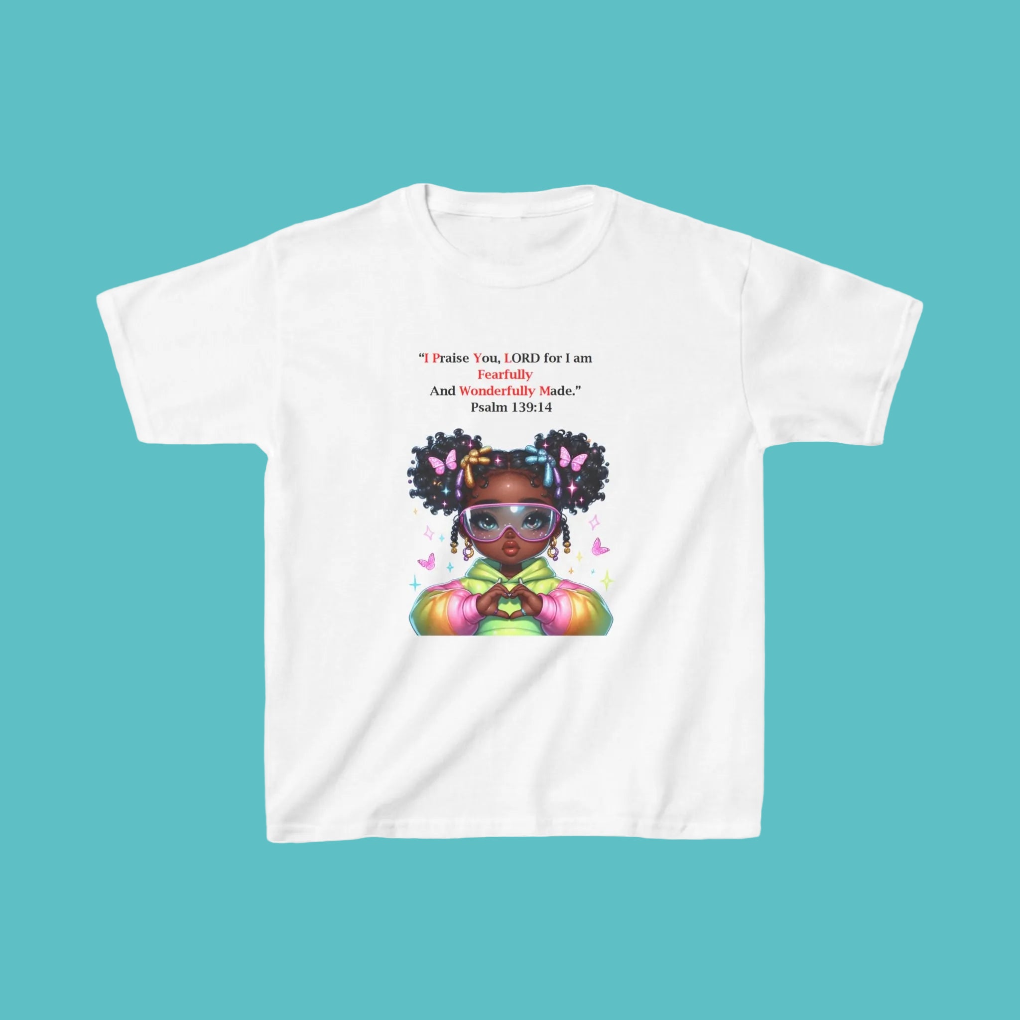 QUIET CONFIDENCE NEVER TOO SOON; Kids Tee — "I Praise You, Lord" Cute Black Girl Prayer Design | Back: God Is In Absolute Control