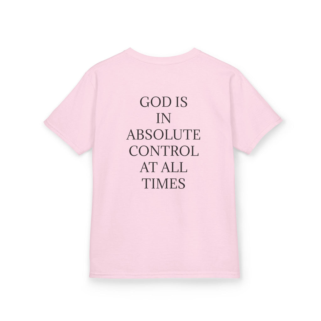 QUIET CONFIDENCE NEVER TOO SOON; Kids Tee — "I Praise You, Lord" Cute Black Girl Prayer Design | Back: God Is In Absolute Control