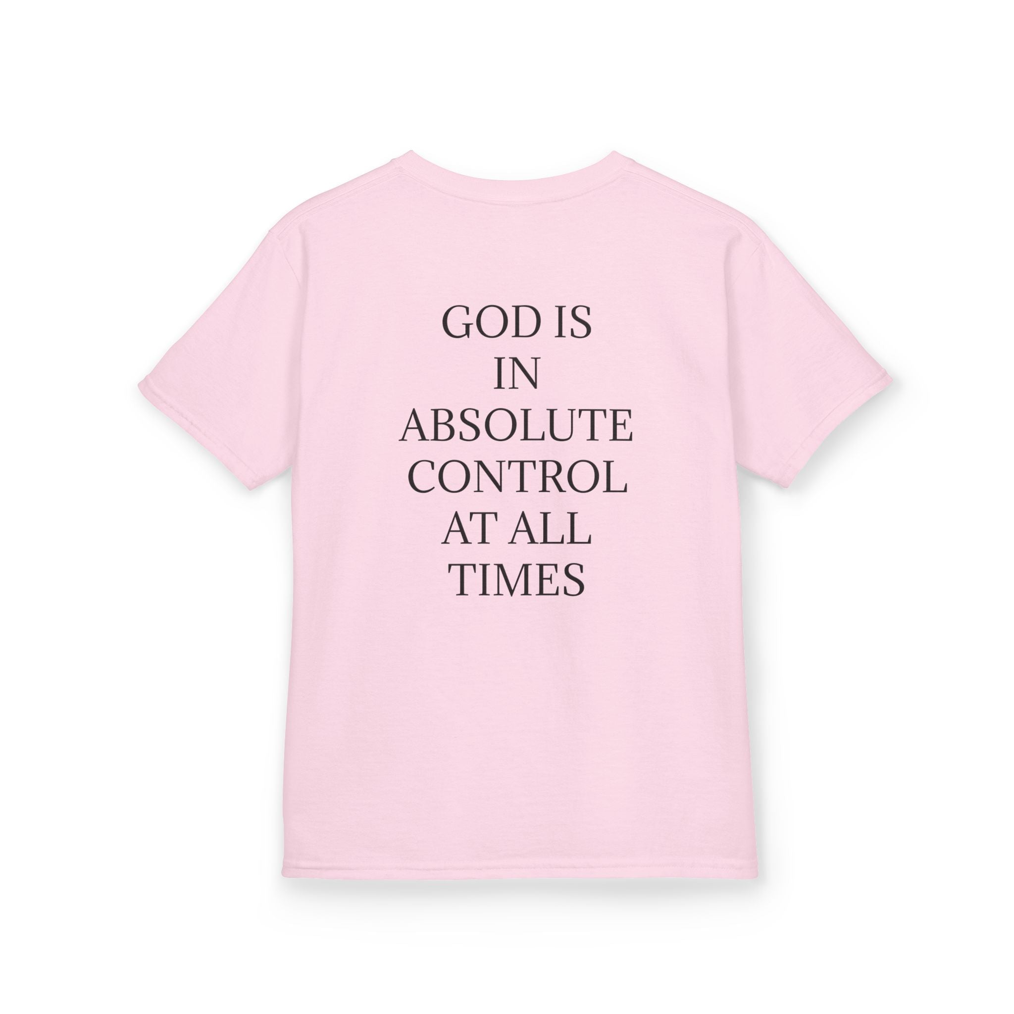 QUIET CONFIDENCE NEVER TOO SOON; Kids Tee — "I Praise You, Lord" Cute Black Girl Prayer Design | Back: God Is In Absolute Control