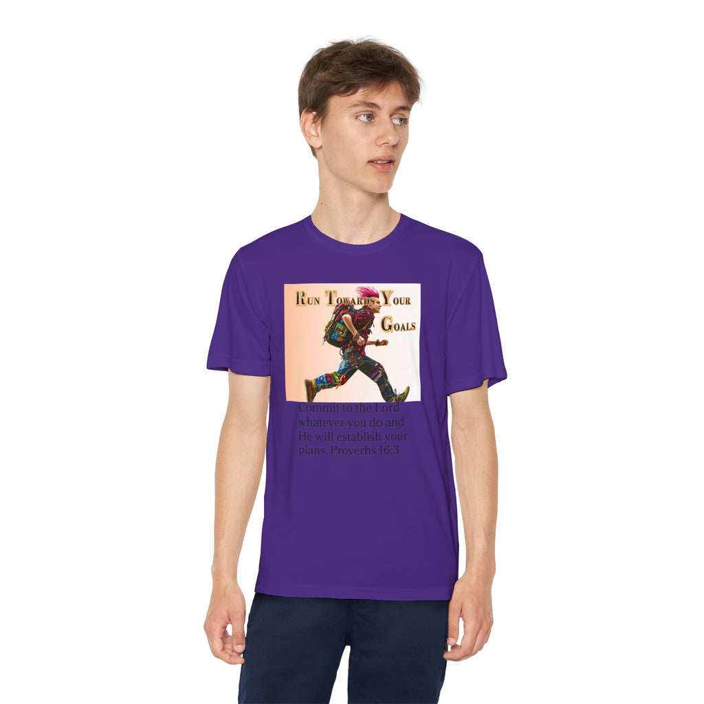 Youth Competitor Tee - 'Run Towards Your Goals' Inspirational Christian Kids Shirt (Proverbs 16:3, Never Give Up)