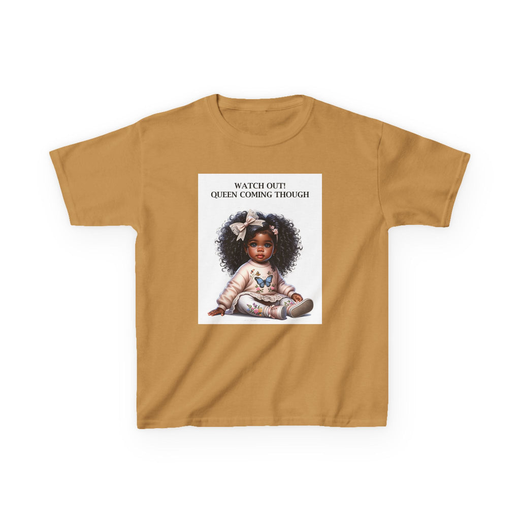 Kids Tee — "Watch Out! Queen Coming Through" Cute Black Baby Girl Design (Custom Name Back)