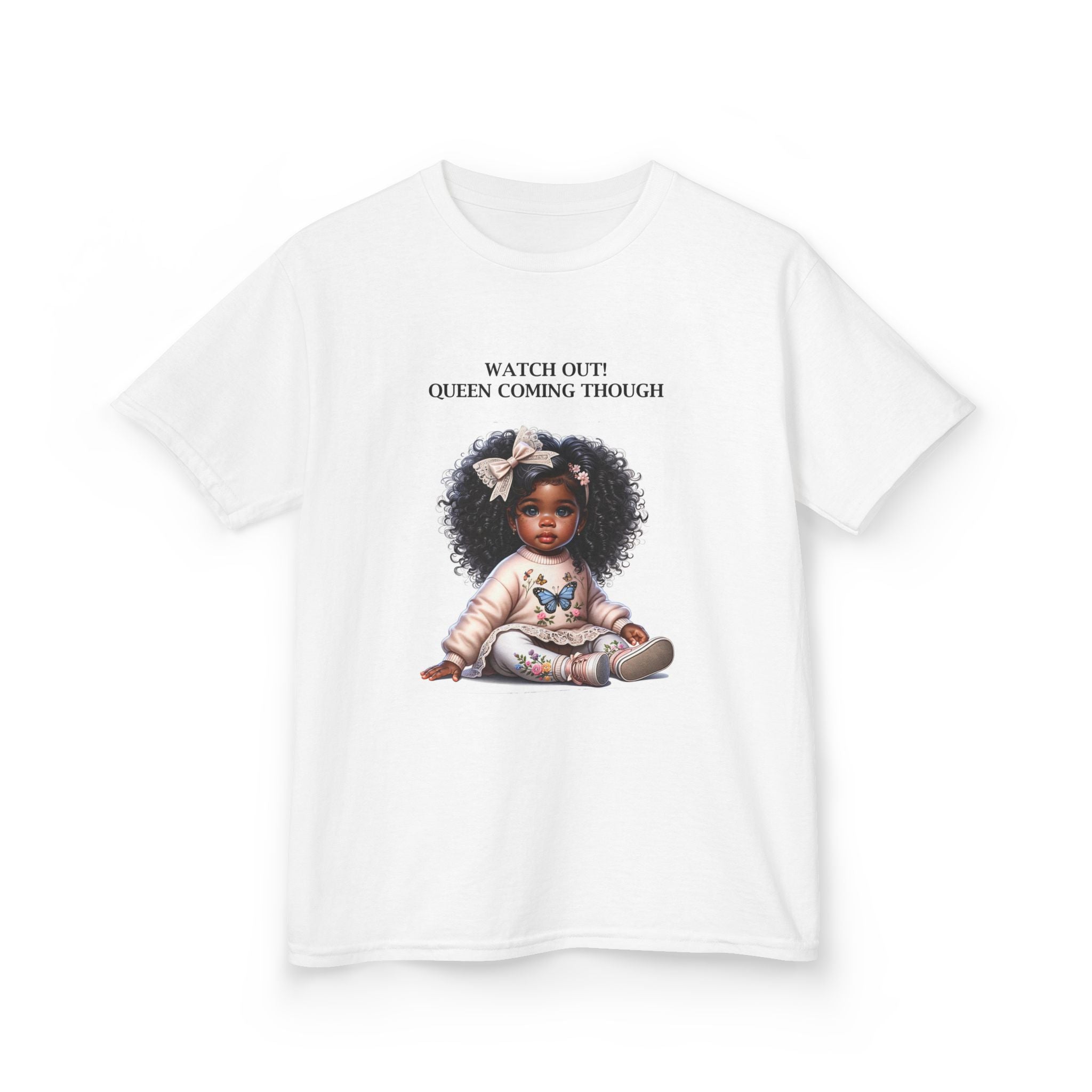 Kids Tee — "Watch Out! Queen Coming Through" Cute Black Baby Girl Design (Custom Name Back)