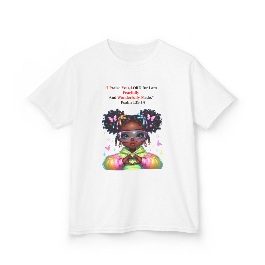 QUIET CONFIDENCE NEVER TOO SOON; Kids Tee — "I Praise You, Lord" Cute Black Girl Prayer Design | Back: God Is In Absolute Control