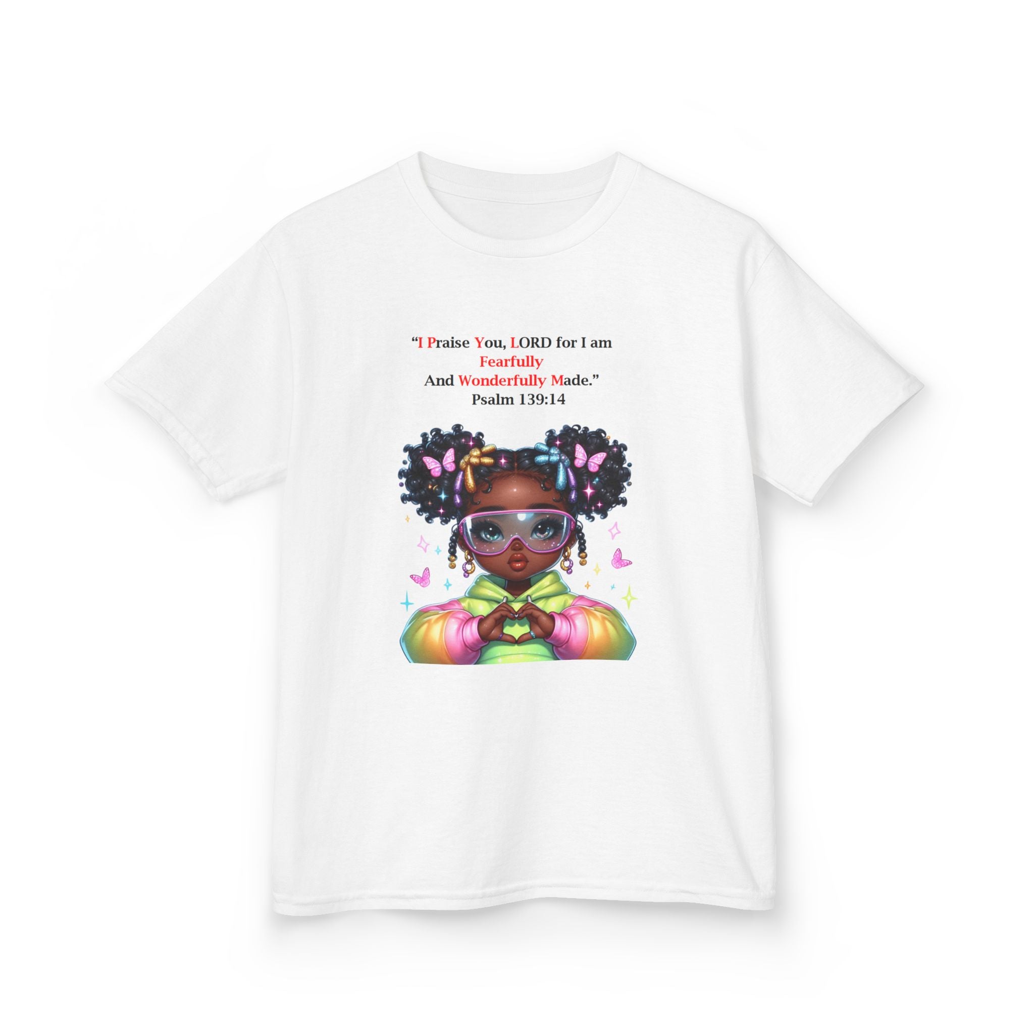 QUIET CONFIDENCE NEVER TOO SOON; Kids Tee — "I Praise You, Lord" Cute Black Girl Prayer Design | Back: God Is In Absolute Control