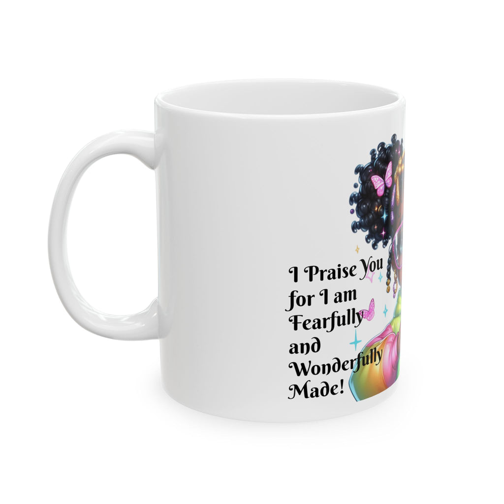 Cute Black Girl Cartoon Mug — Rainbow Hoodie, Heart Hands Coffee Cup (11oz/15oz)