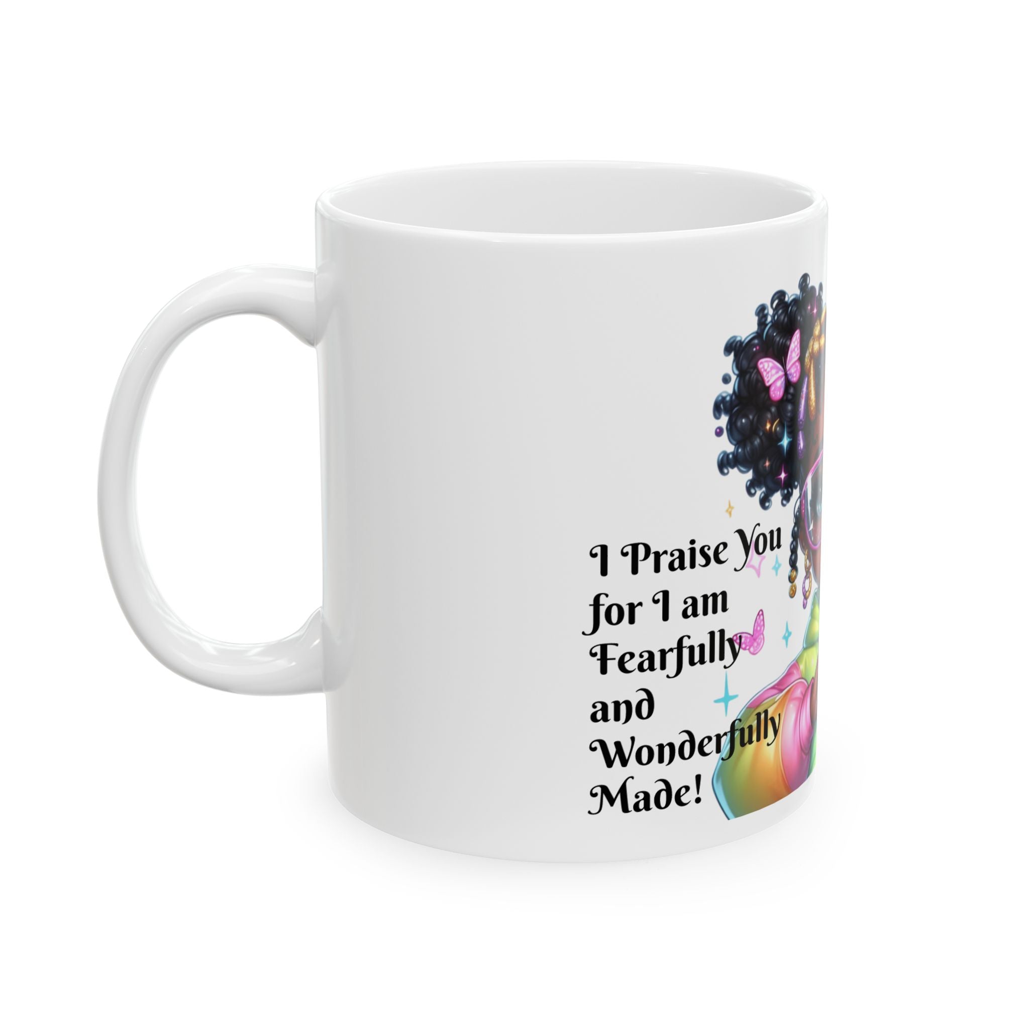 Cute Black Girl Cartoon Mug — Rainbow Hoodie, Heart Hands Coffee Cup (11oz/15oz)