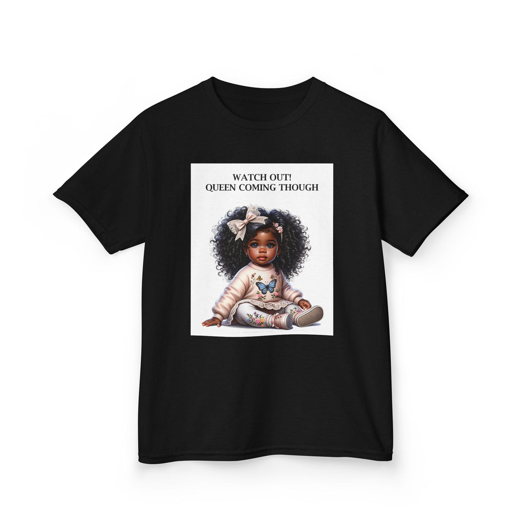 Kids Tee — "Watch Out! Queen Coming Through" Cute Black Baby Girl Design (Custom Name Back)