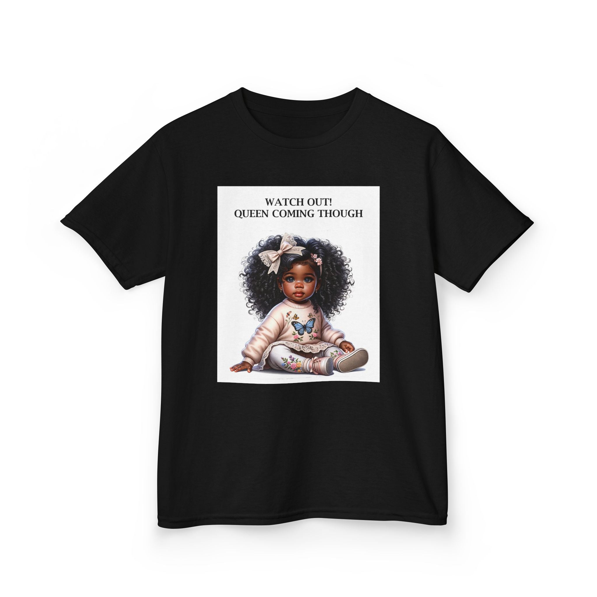 Kids Tee — "Watch Out! Queen Coming Through" Cute Black Baby Girl Design (Custom Name Back)