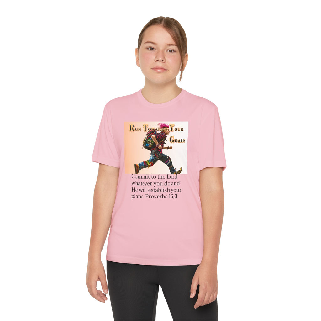 Youth Competitor Tee - 'Run Towards Your Goals' Inspirational Christian Kids Shirt (Proverbs 16:3, Never Give Up)