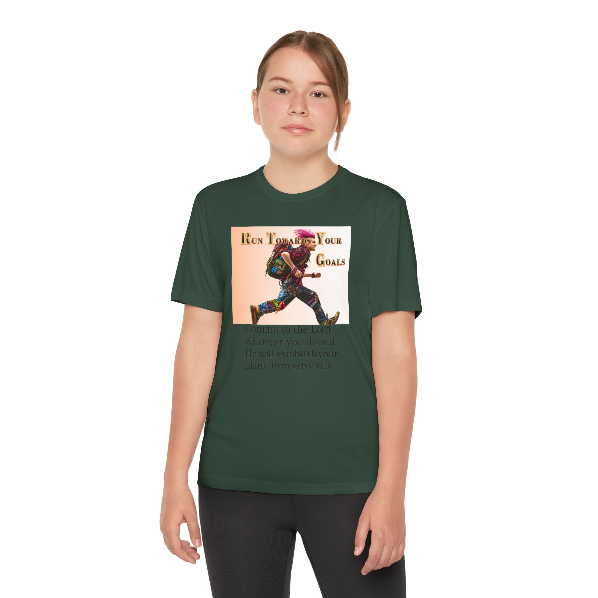 Youth Competitor Tee - 'Run Towards Your Goals' Inspirational Christian Kids Shirt (Proverbs 16:3, Never Give Up)