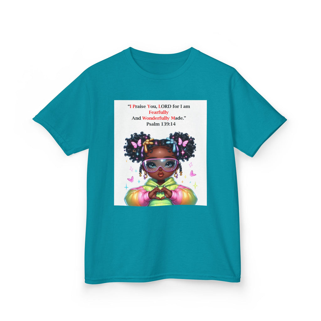 QUIET CONFIDENCE NEVER TOO SOON; Kids Tee — "I Praise You, Lord" Cute Black Girl Prayer Design | Back: God Is In Absolute Control