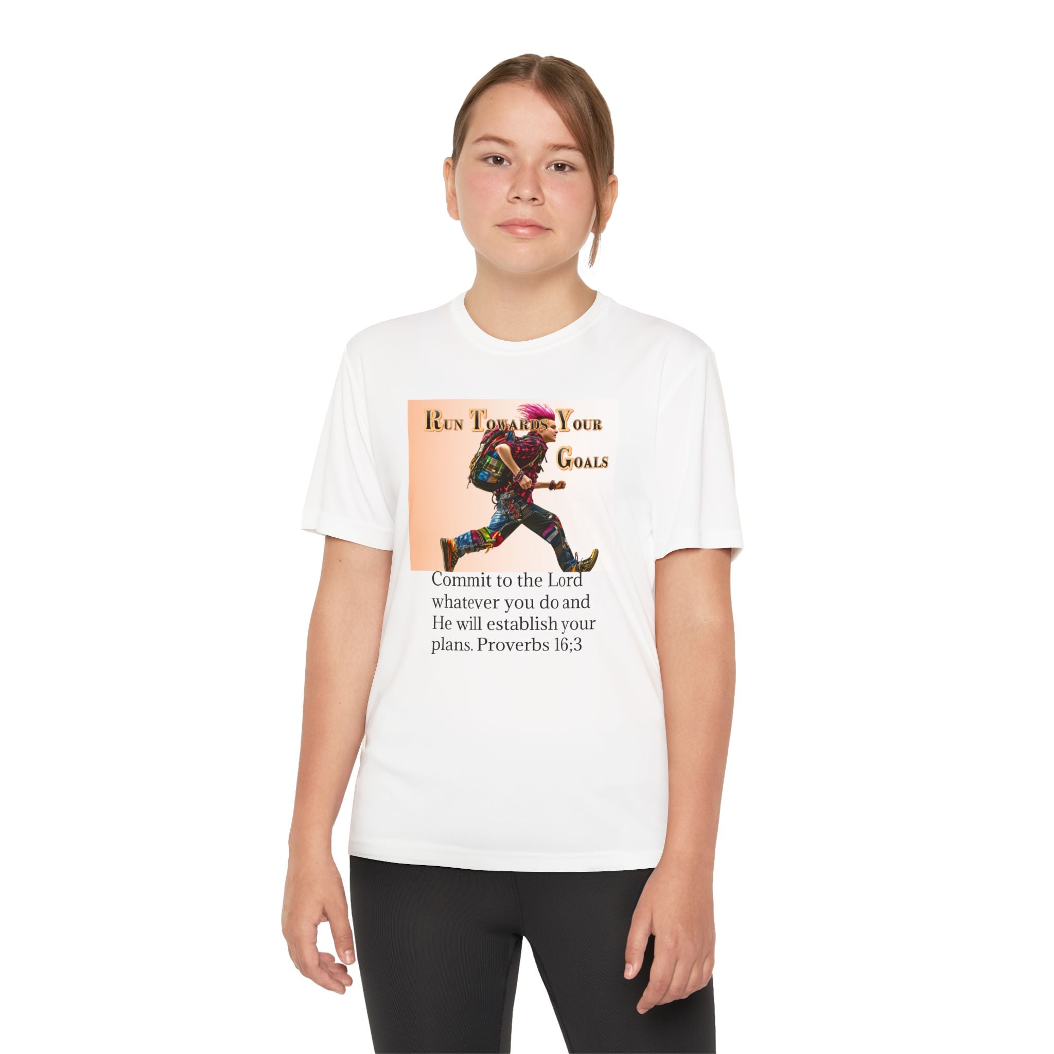 Youth Competitor Tee - 'Run Towards Your Goals' Inspirational Christian Kids Shirt (Proverbs 16:3, Never Give Up)