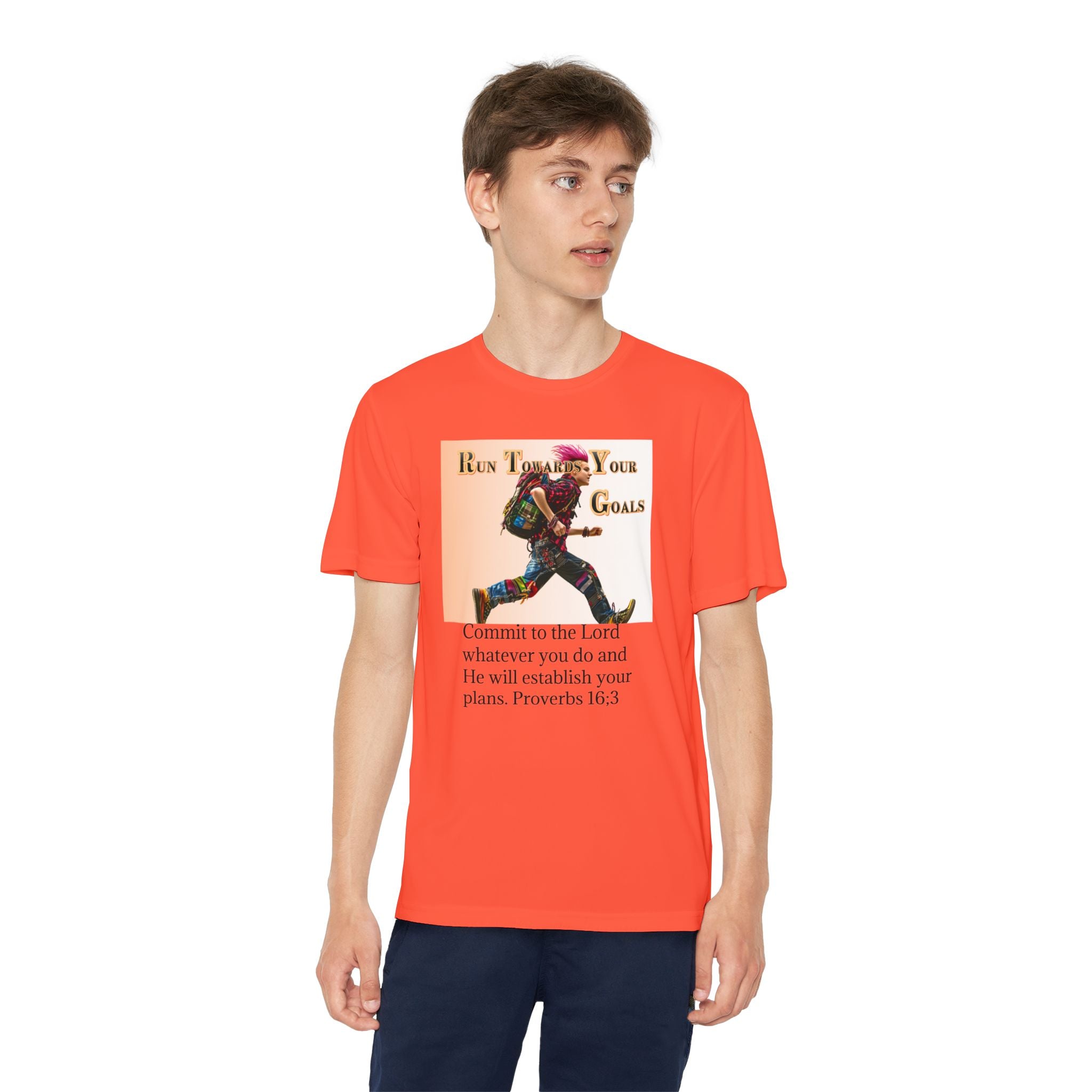 Youth Competitor Tee - 'Run Towards Your Goals' Inspirational Christian Kids Shirt (Proverbs 16:3, Never Give Up)