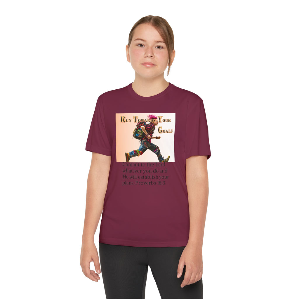 Youth Competitor Tee - 'Run Towards Your Goals' Inspirational Christian Kids Shirt (Proverbs 16:3, Never Give Up)