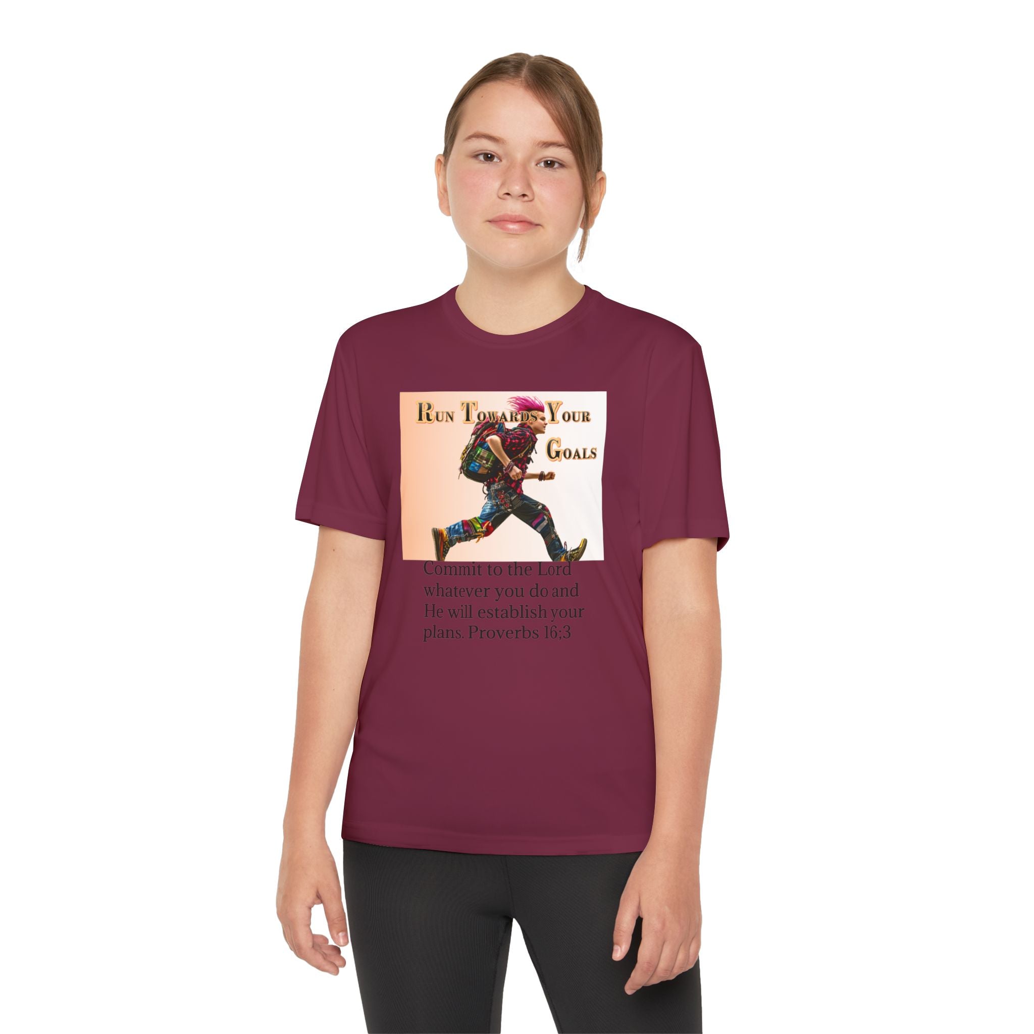 Youth Competitor Tee - 'Run Towards Your Goals' Inspirational Christian Kids Shirt (Proverbs 16:3, Never Give Up)