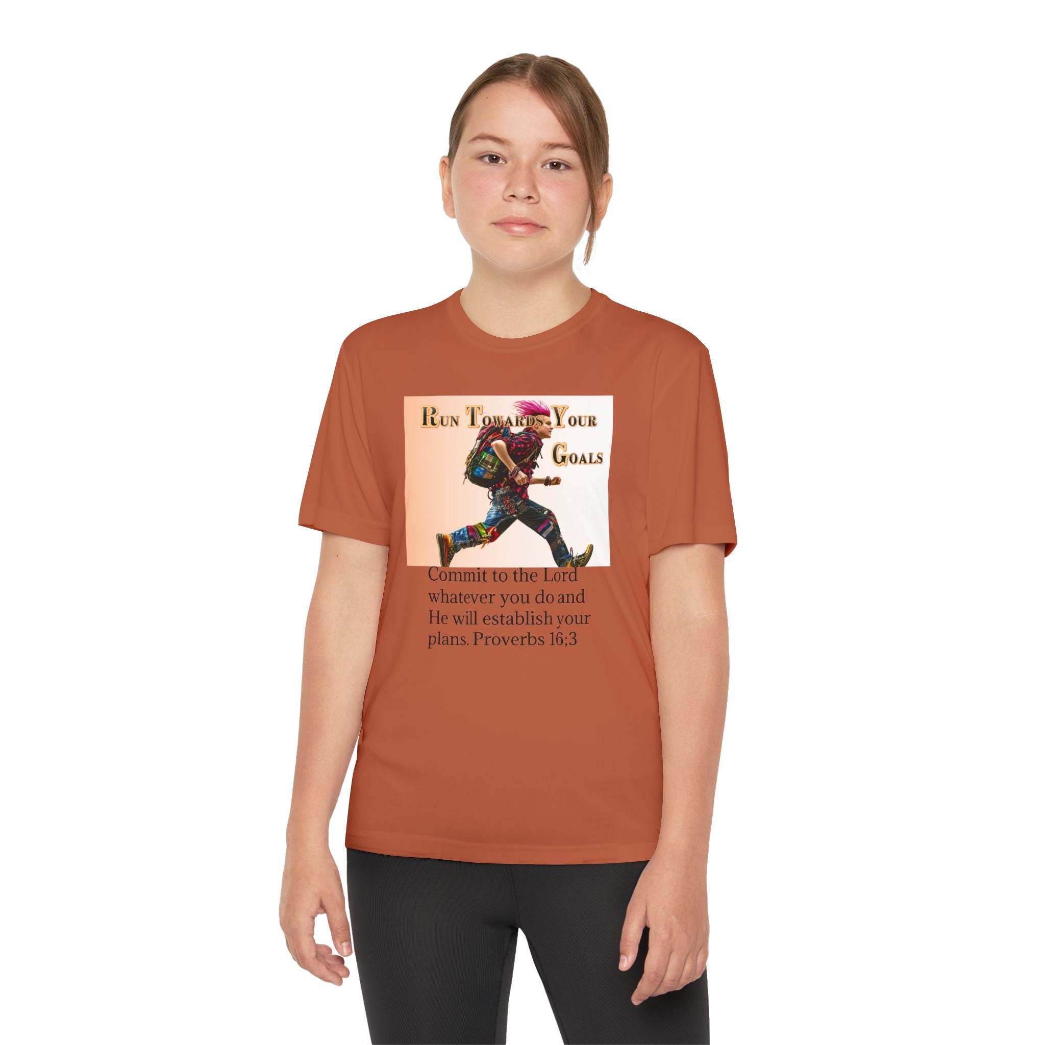Youth Competitor Tee - 'Run Towards Your Goals' Inspirational Christian Kids Shirt (Proverbs 16:3, Never Give Up)