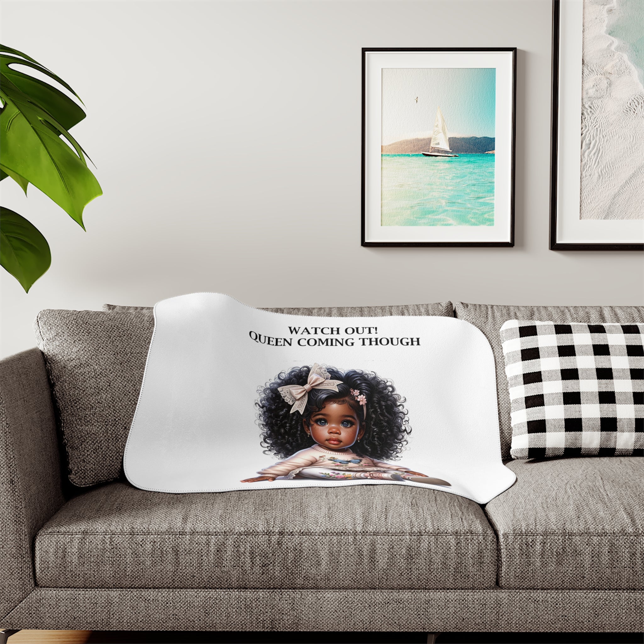 CUSTOM MADE ''BY YOU', Sherpa Blanket — "Watch Out! Queen Coming Though" Cute Black Baby Girl Illustration Cozy Throw