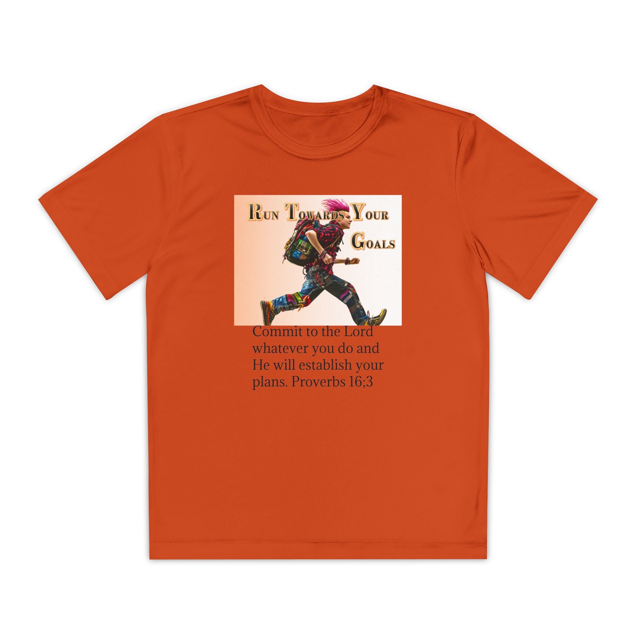 Youth Competitor Tee - 'Run Towards Your Goals' Inspirational Christian Kids Shirt (Proverbs 16:3, Never Give Up)