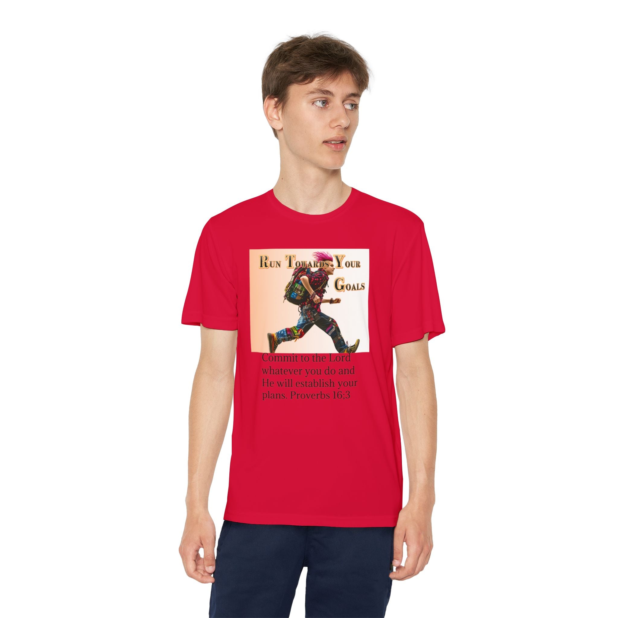 Youth Competitor Tee - 'Run Towards Your Goals' Inspirational Christian Kids Shirt (Proverbs 16:3, Never Give Up)