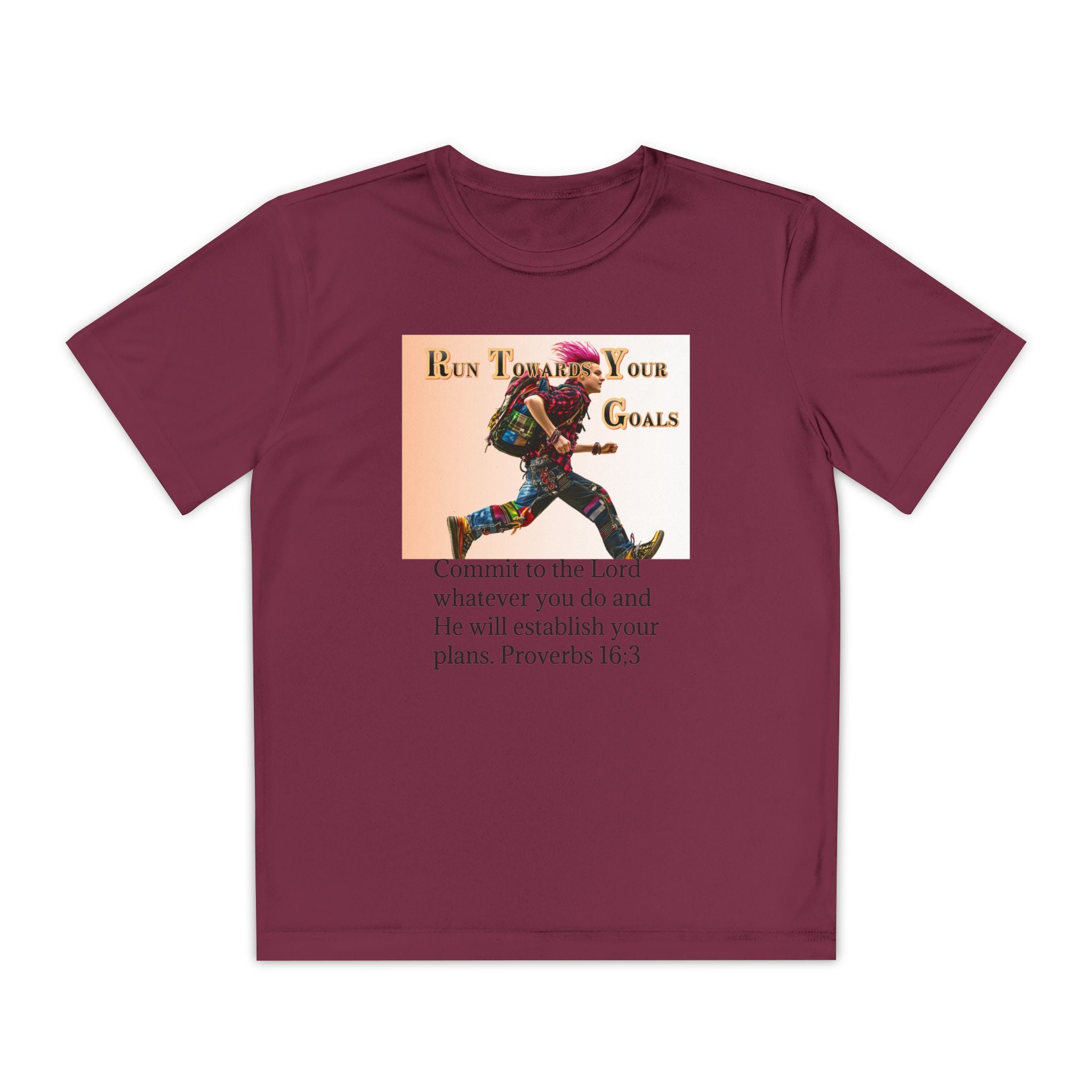 Youth Competitor Tee - 'Run Towards Your Goals' Inspirational Christian Kids Shirt (Proverbs 16:3, Never Give Up)