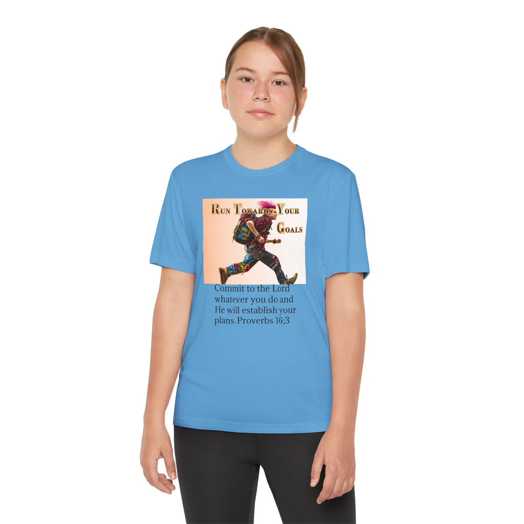 Youth Competitor Tee - 'Run Towards Your Goals' Inspirational Christian Kids Shirt (Proverbs 16:3, Never Give Up)