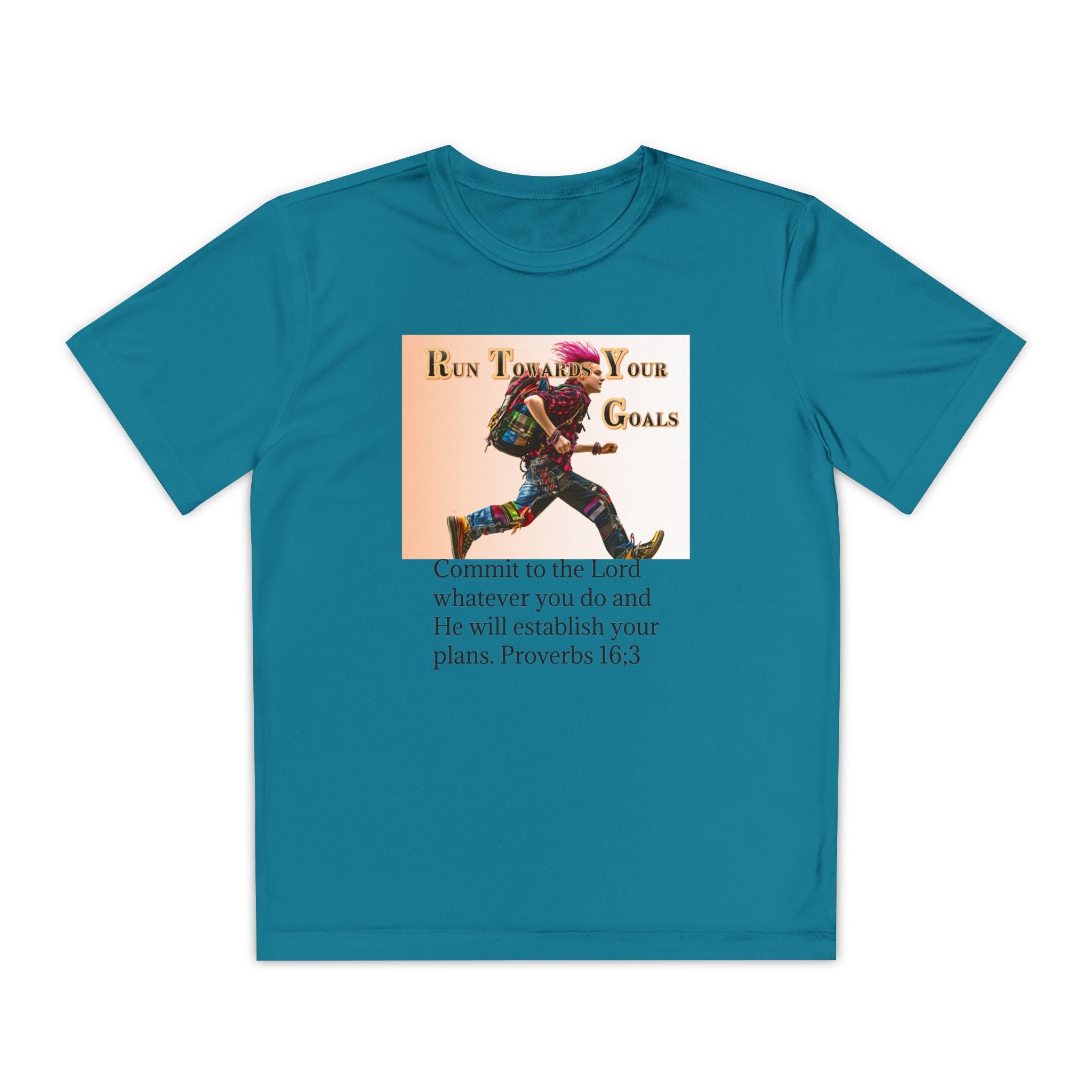Youth Competitor Tee - 'Run Towards Your Goals' Inspirational Christian Kids Shirt (Proverbs 16:3, Never Give Up)