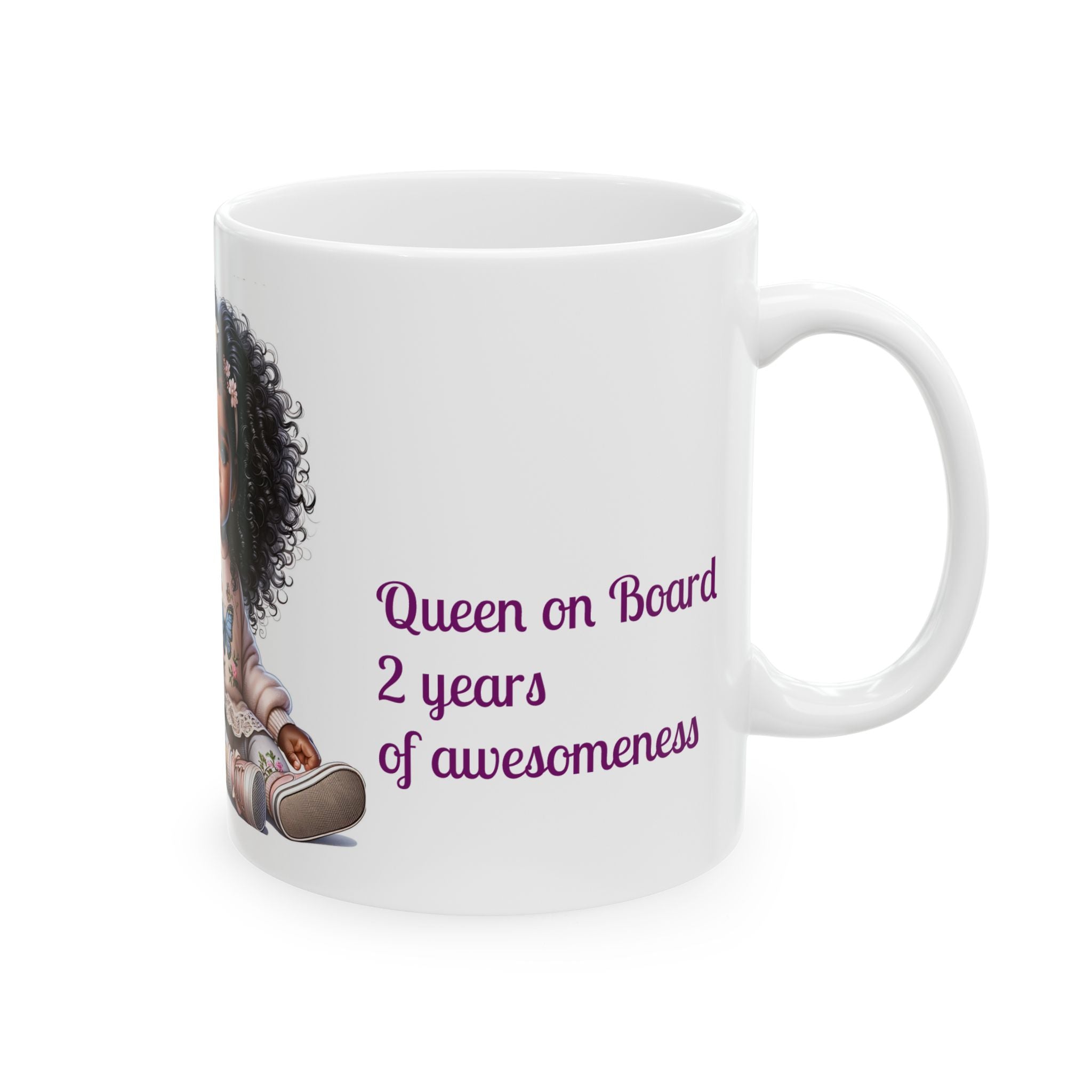 AWESOME INSPIRATION Cute Black Baby Girl Illustration Ceramic Mug — 'Queen On Board' Sentimental Coffee Cup (11oz/15oz)