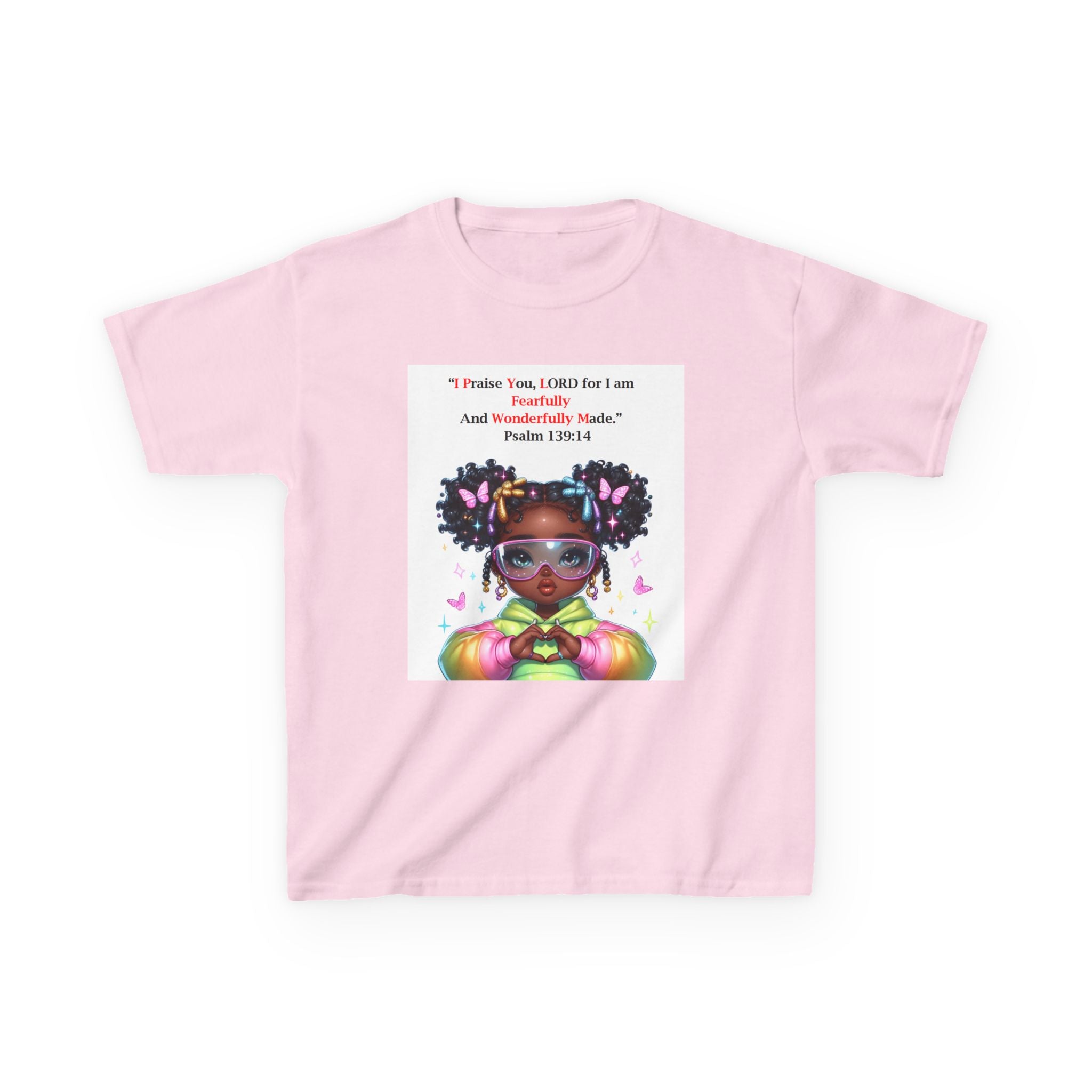 QUIET CONFIDENCE NEVER TOO SOON; Kids Tee — "I Praise You, Lord" Cute Black Girl Prayer Design | Back: God Is In Absolute Control