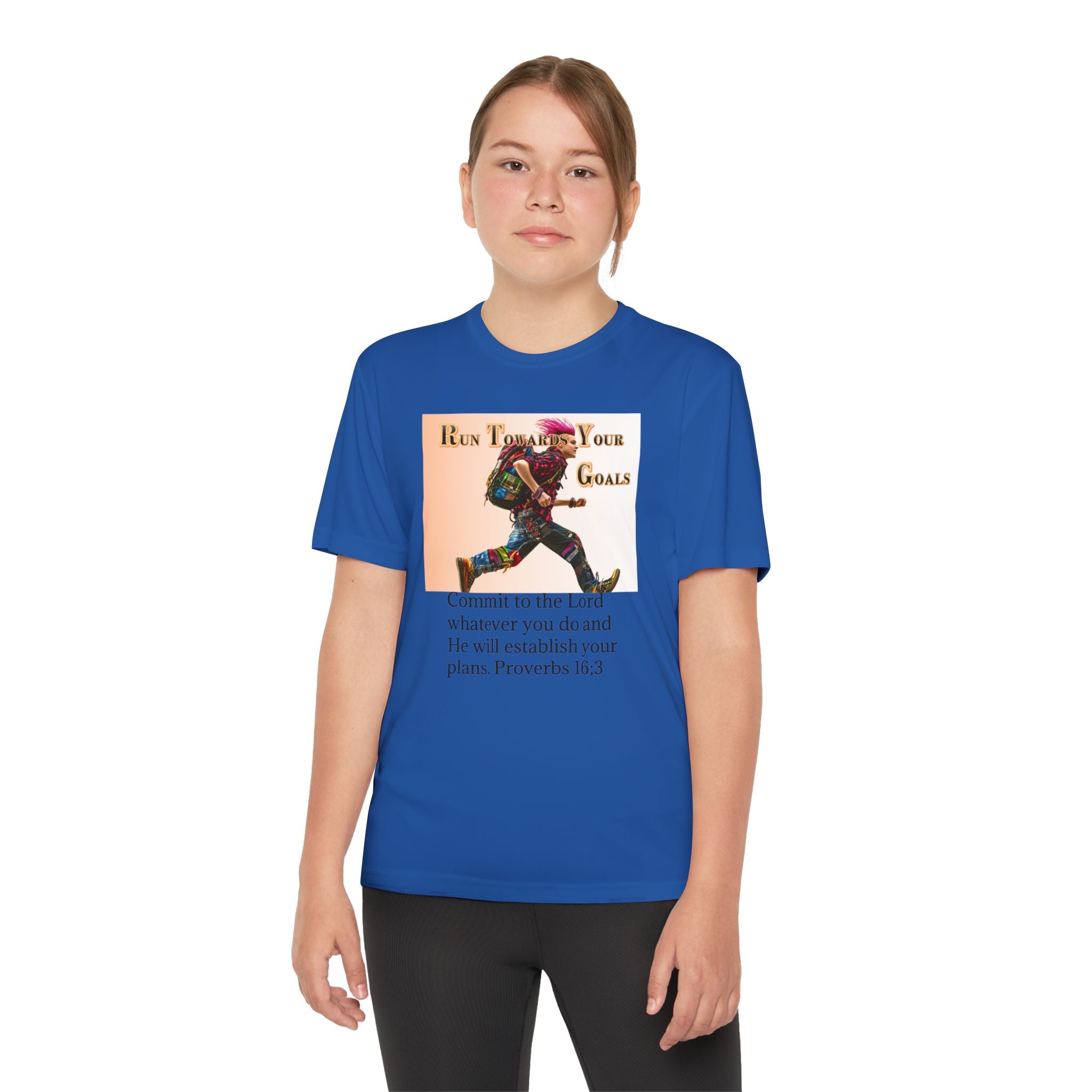 Youth Competitor Tee - 'Run Towards Your Goals' Inspirational Christian Kids Shirt (Proverbs 16:3, Never Give Up)