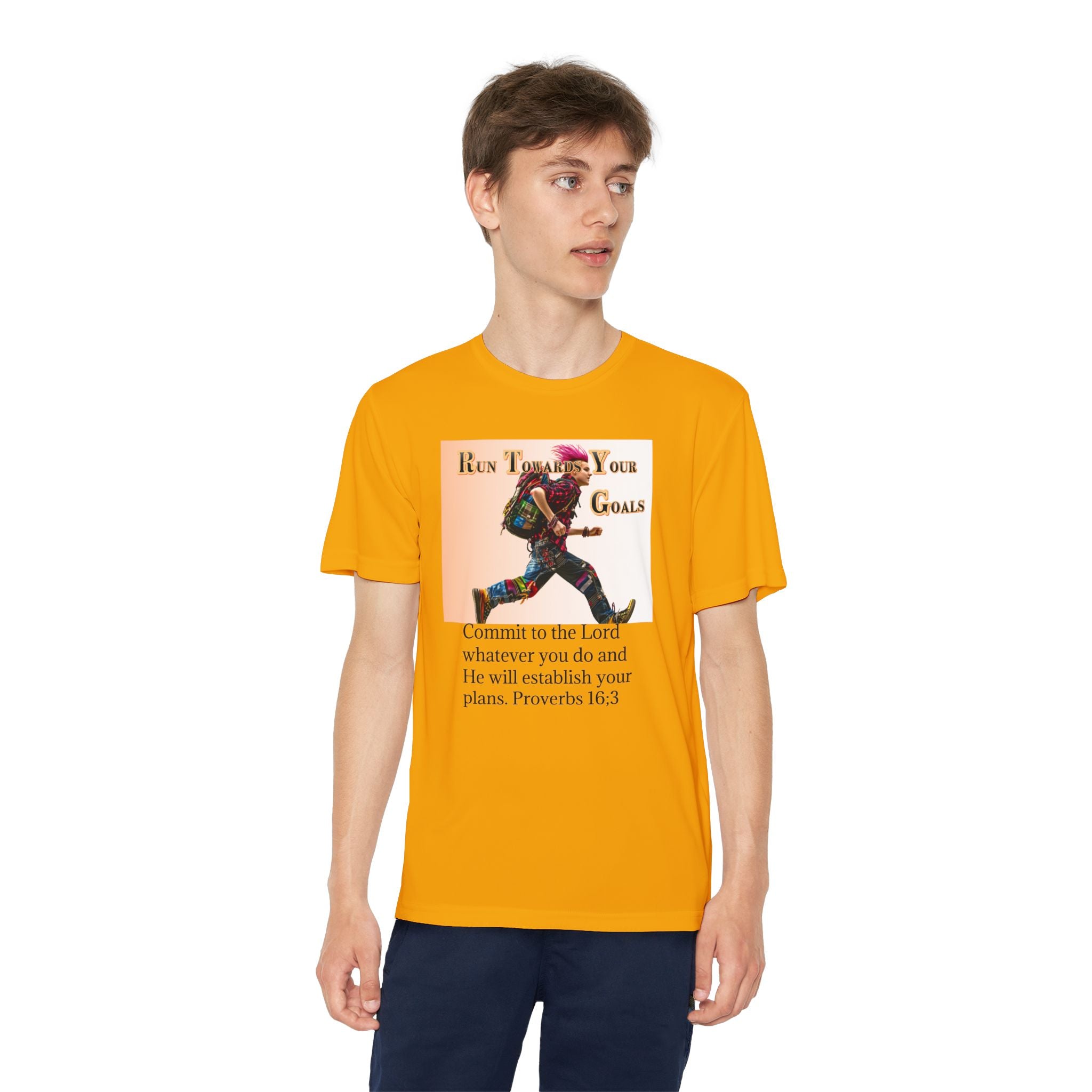 Youth Competitor Tee - 'Run Towards Your Goals' Inspirational Christian Kids Shirt (Proverbs 16:3, Never Give Up)