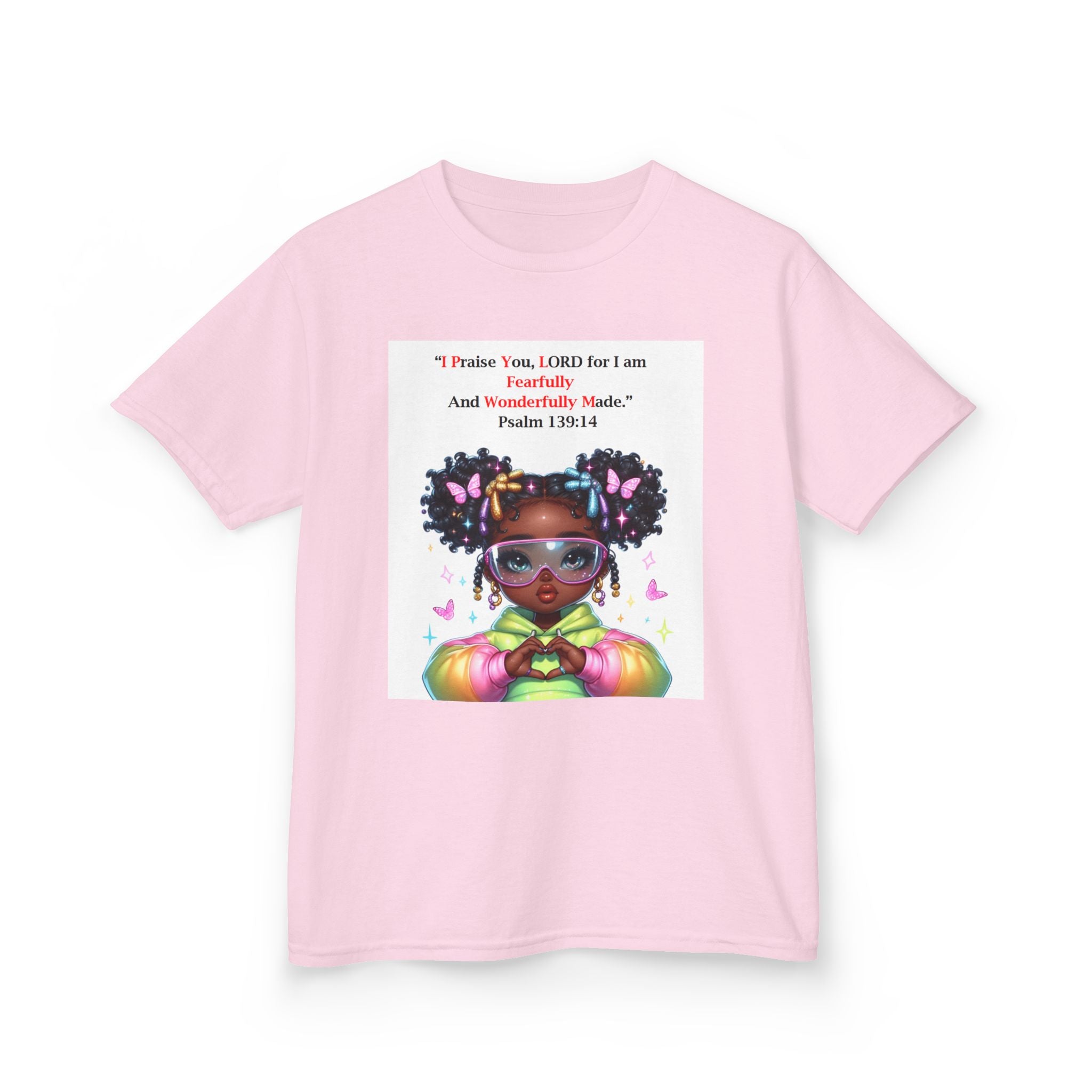QUIET CONFIDENCE NEVER TOO SOON; Kids Tee — "I Praise You, Lord" Cute Black Girl Prayer Design | Back: God Is In Absolute Control