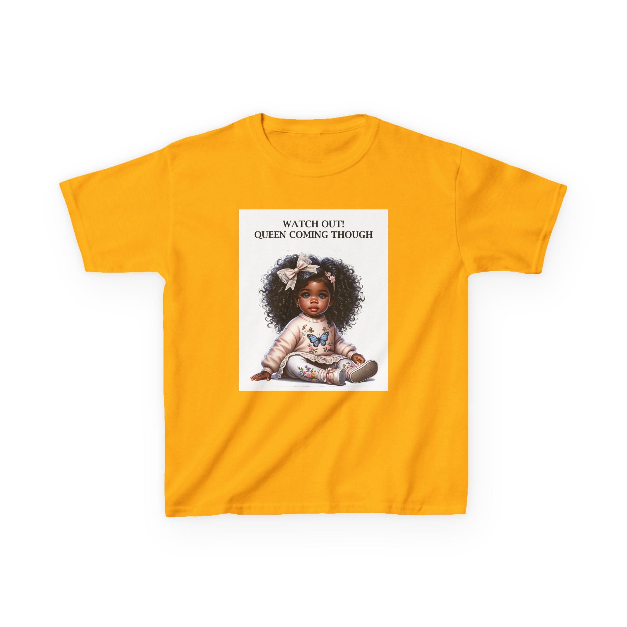 Kids Tee — "Watch Out! Queen Coming Through" Cute Black Baby Girl Design (Custom Name Back)