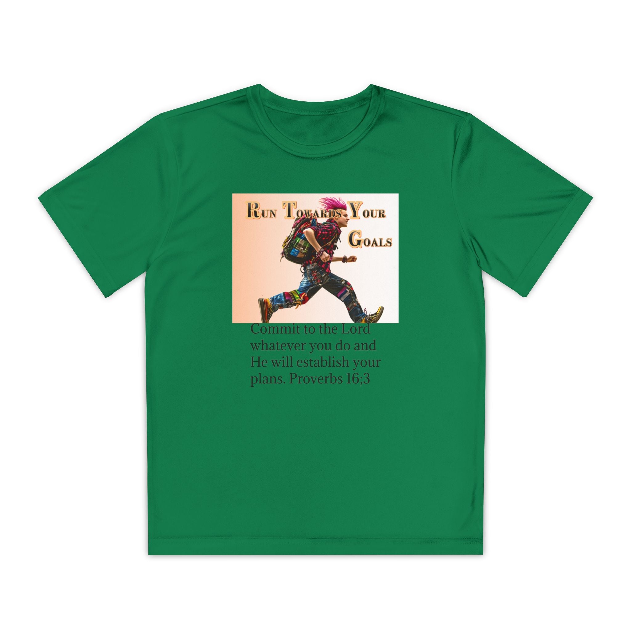 Youth Competitor Tee - 'Run Towards Your Goals' Inspirational Christian Kids Shirt (Proverbs 16:3, Never Give Up)