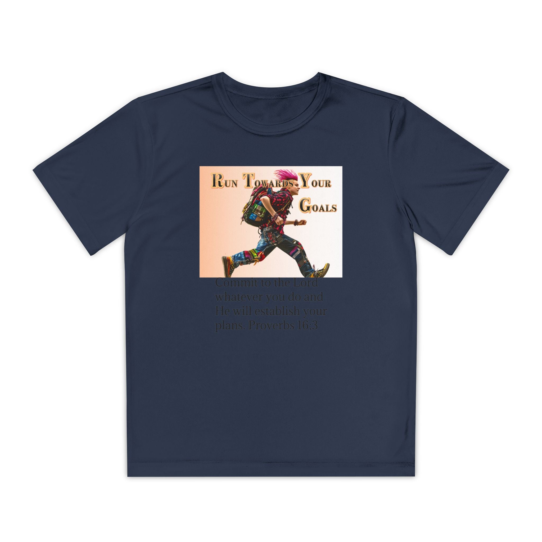 Youth Competitor Tee - 'Run Towards Your Goals' Inspirational Christian Kids Shirt (Proverbs 16:3, Never Give Up)