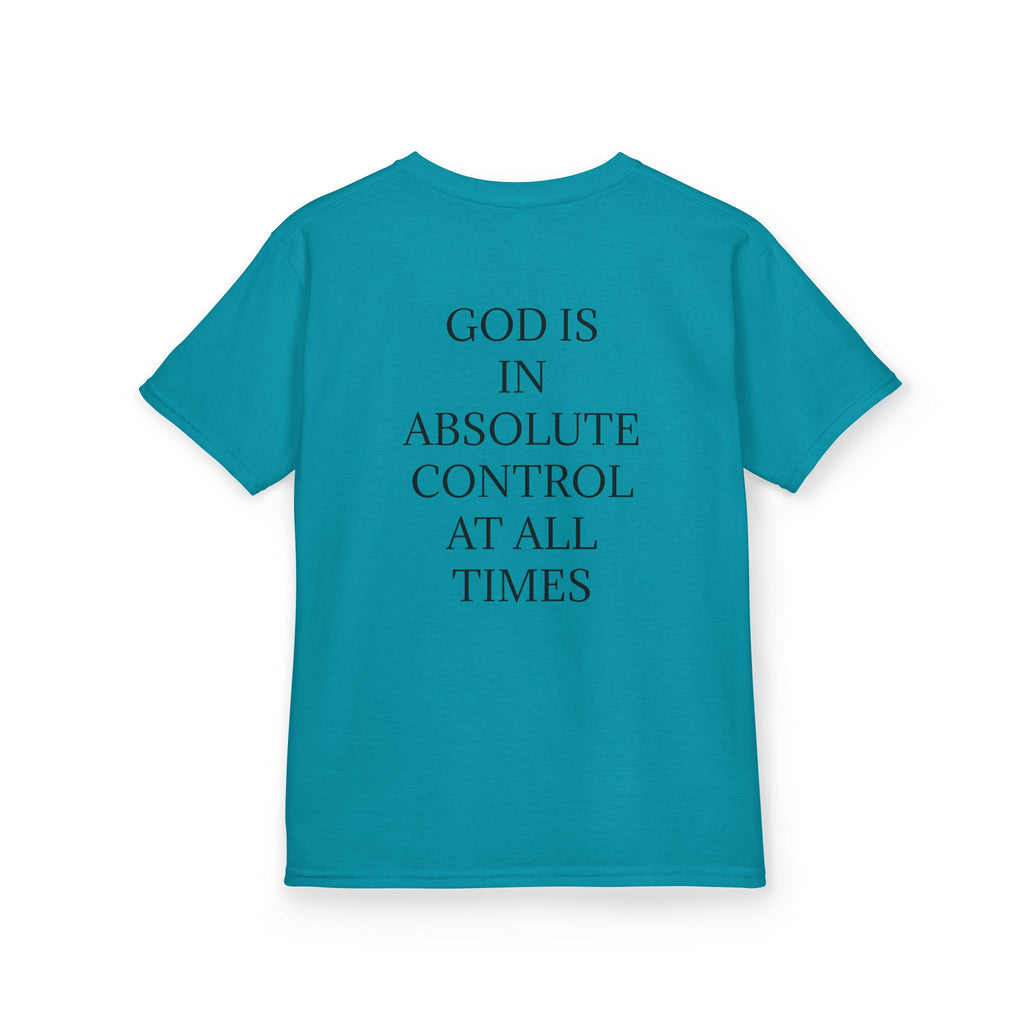 QUIET CONFIDENCE NEVER TOO SOON; Kids Tee — "I Praise You, Lord" Cute Black Girl Prayer Design | Back: God Is In Absolute Control