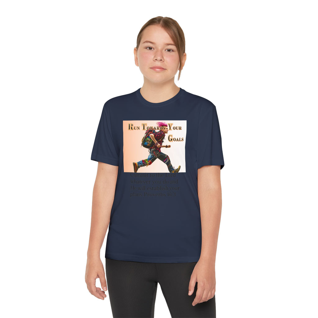 Youth Competitor Tee - 'Run Towards Your Goals' Inspirational Christian Kids Shirt (Proverbs 16:3, Never Give Up)