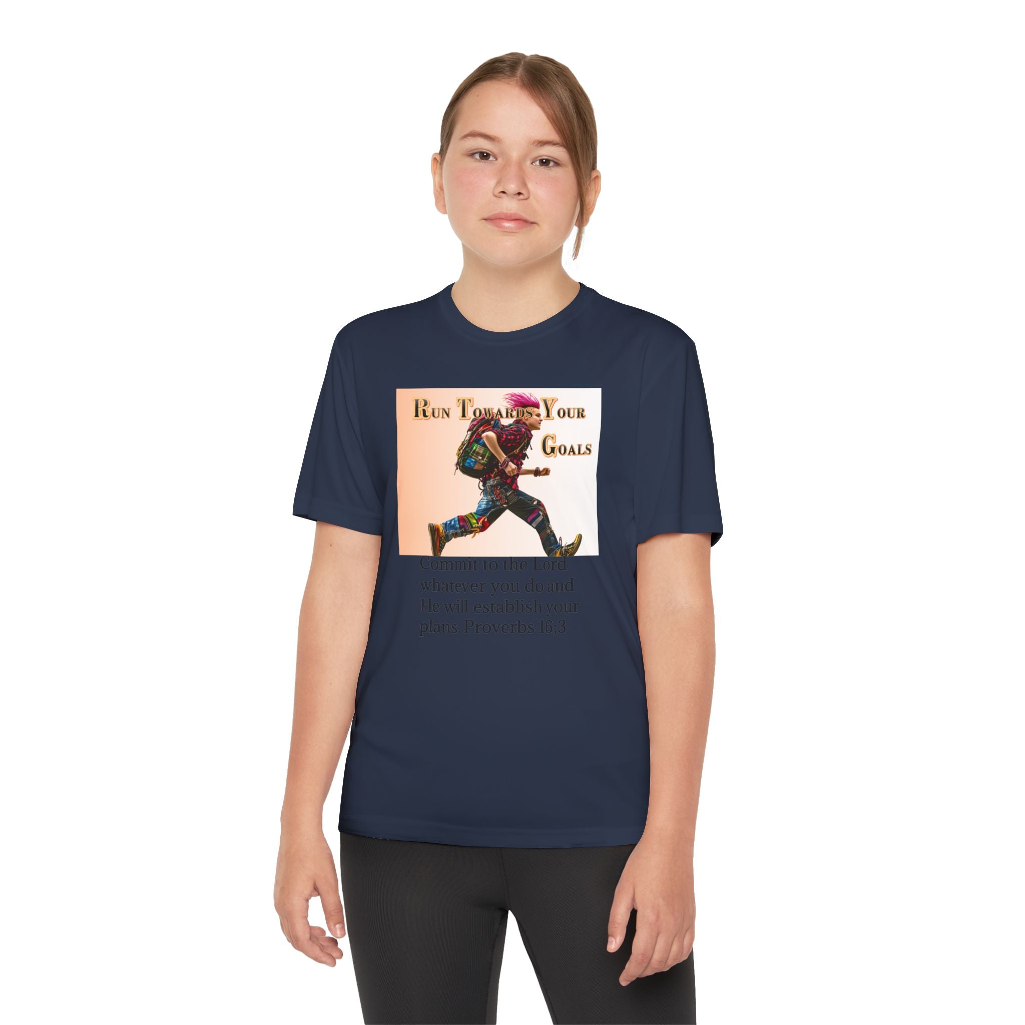 Youth Competitor Tee - 'Run Towards Your Goals' Inspirational Christian Kids Shirt (Proverbs 16:3, Never Give Up)