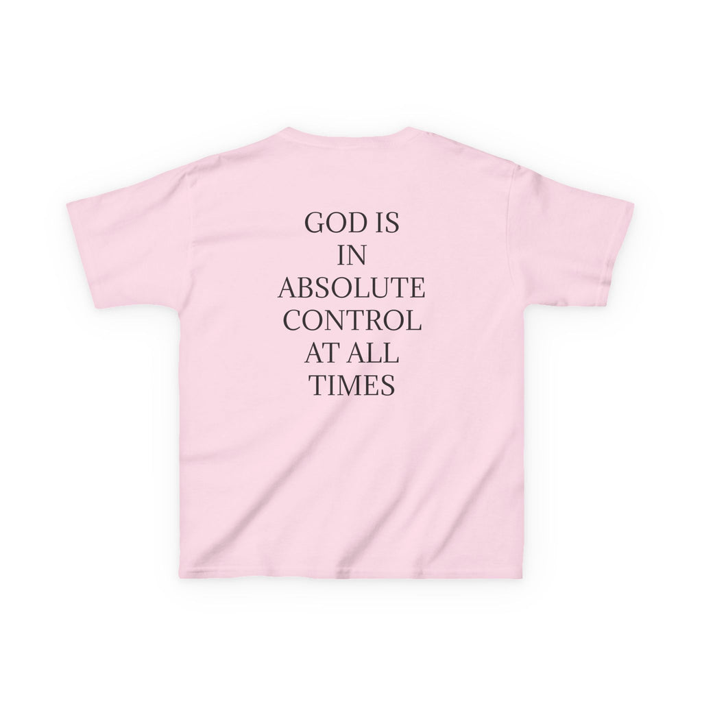 QUIET CONFIDENCE NEVER TOO SOON; Kids Tee — "I Praise You, Lord" Cute Black Girl Prayer Design | Back: God Is In Absolute Control