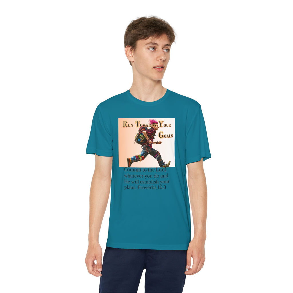 Youth Competitor Tee - 'Run Towards Your Goals' Inspirational Christian Kids Shirt (Proverbs 16:3, Never Give Up)
