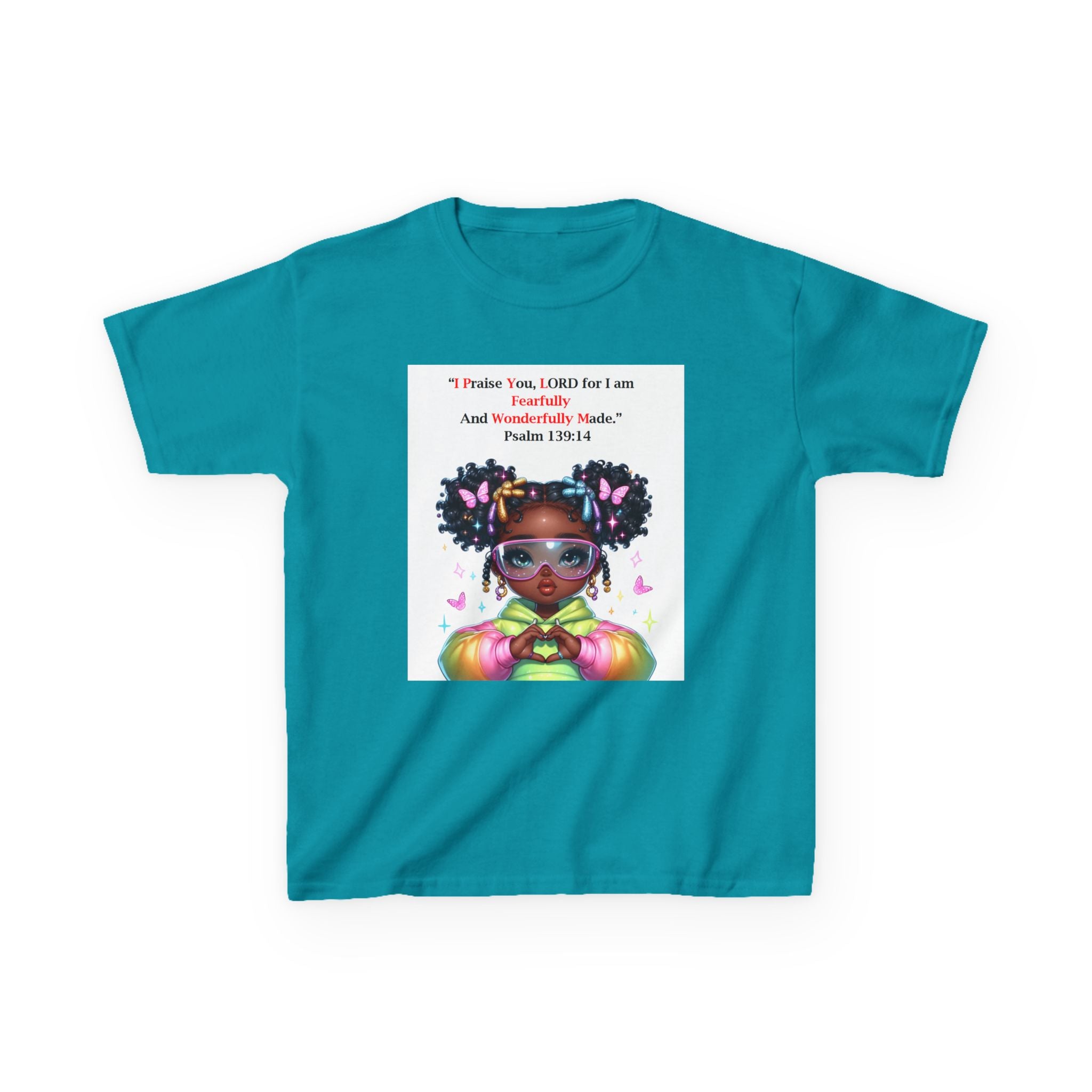 QUIET CONFIDENCE NEVER TOO SOON; Kids Tee — "I Praise You, Lord" Cute Black Girl Prayer Design | Back: God Is In Absolute Control