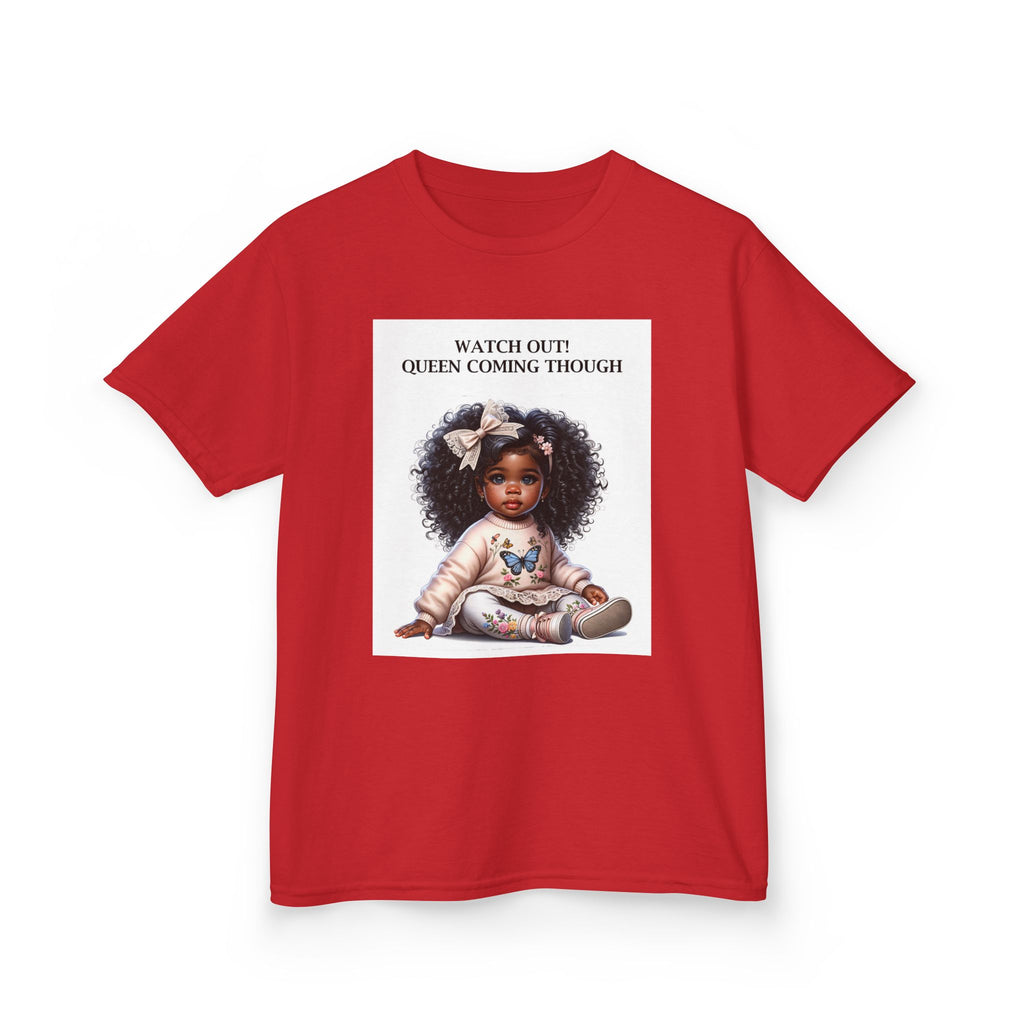Kids Tee — "Watch Out! Queen Coming Through" Cute Black Baby Girl Design (Custom Name Back)